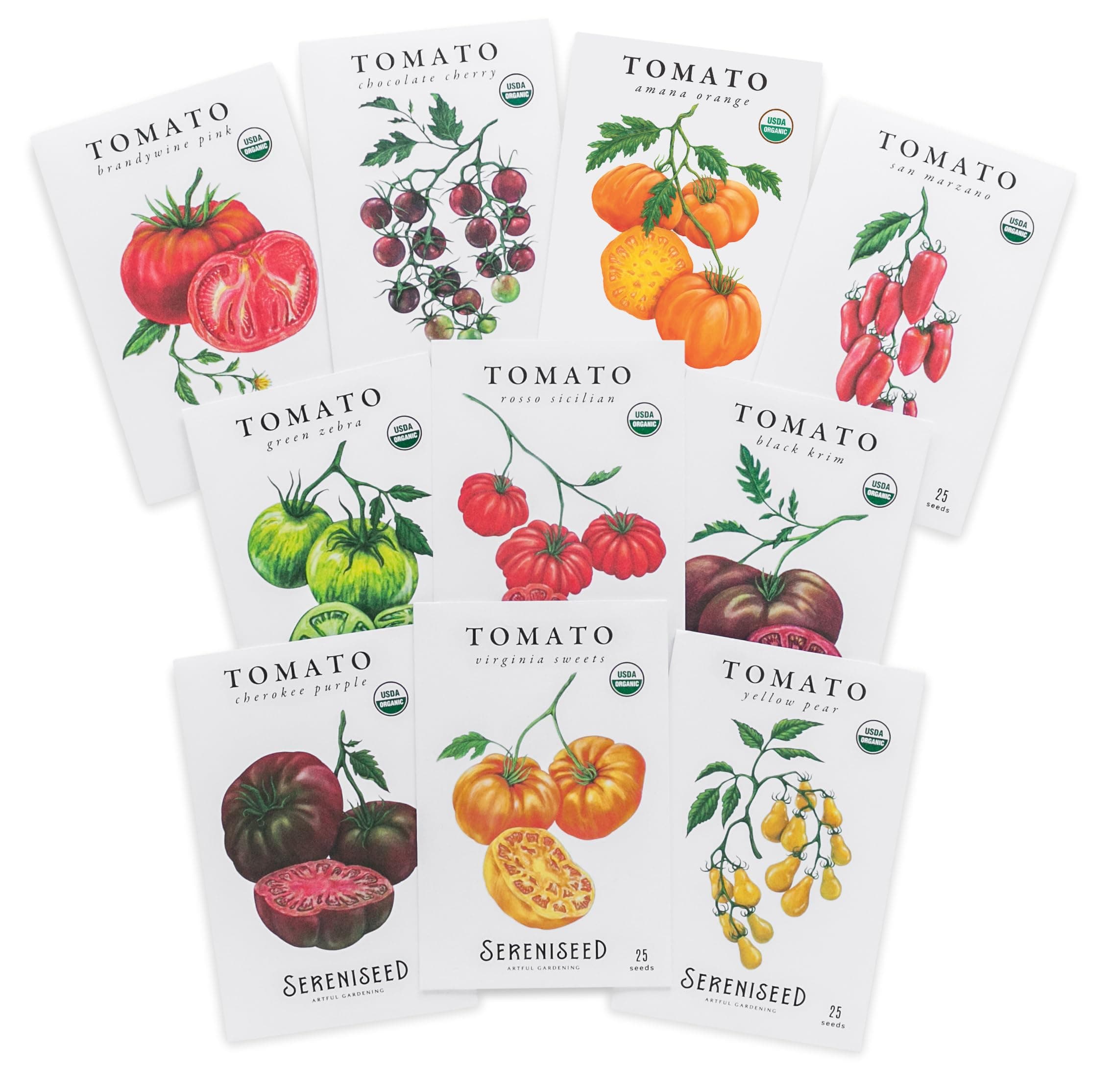 Sereniseed Certified Organic Tomato Seeds (10-Pack) – Non GMO, Open Pollinated – Cherokee Purple, Chocolate Cherry, Green Zebra, Brandywine Pink, Black Krim and More - Tomato Seeds for Planting