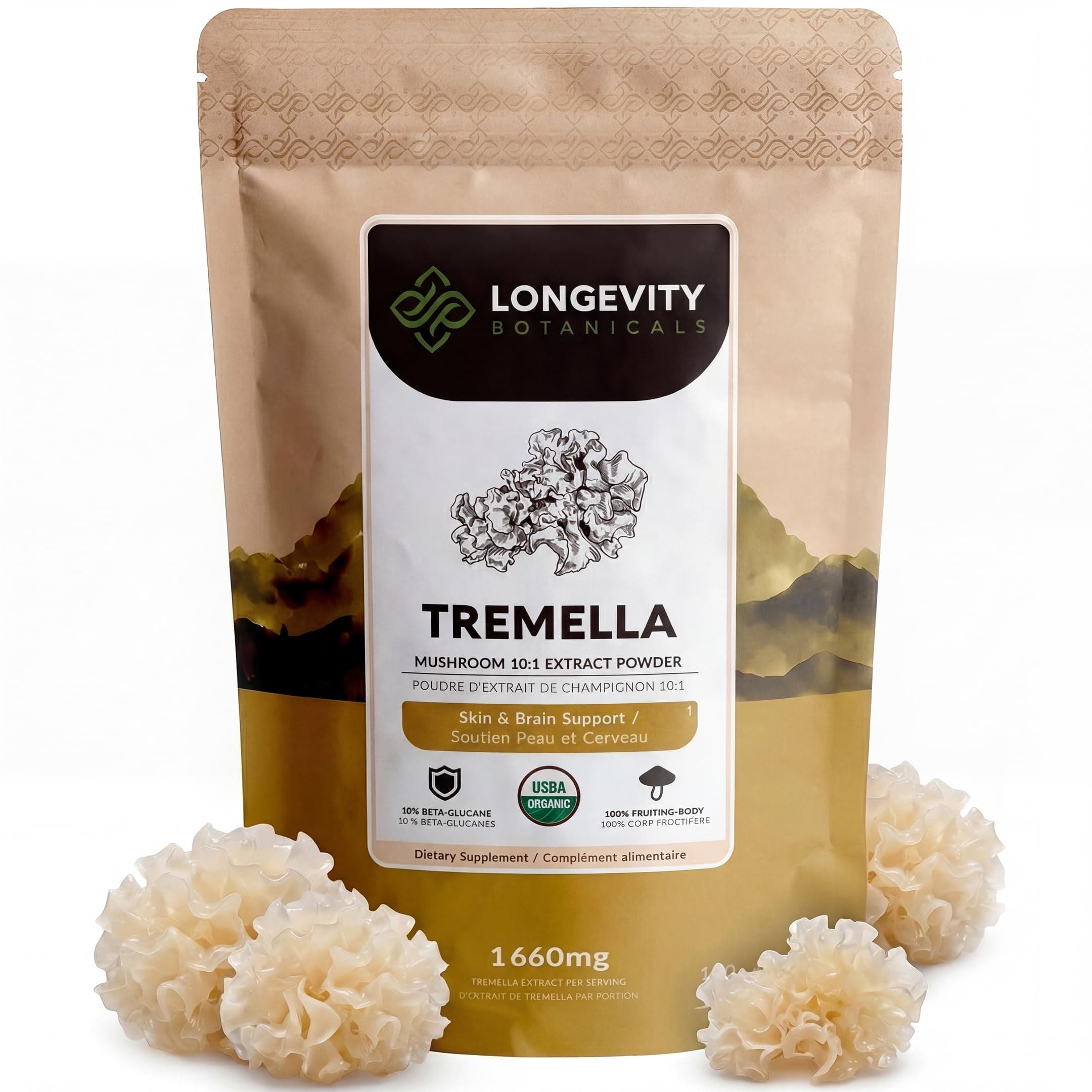 Longevity Botanicals Organic Tremella Mushroom Powder Supplement Extract 100g | Snow Fungus Fuciformis Fruiting Body | ≥10% Beta-D-Glucans | 60 Servings of 1,660mg | Supports Skin Wellness