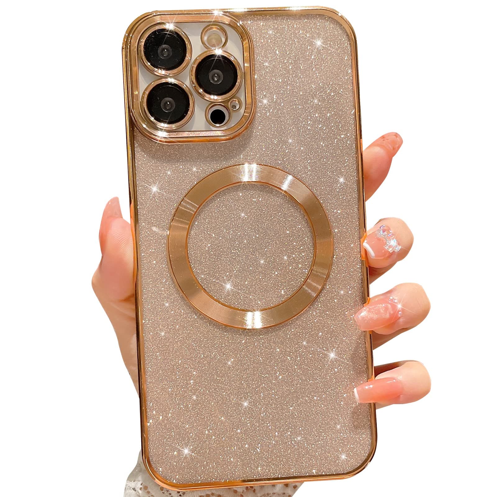 MGQILING Compatible with iPhone 13 Pro Max Magnetic Glitter Case, Luxury Plating Cute Bling Clear Phone Case, Compatible with MagSafe for Women Girls with Camera Protection Back Cover - Gold