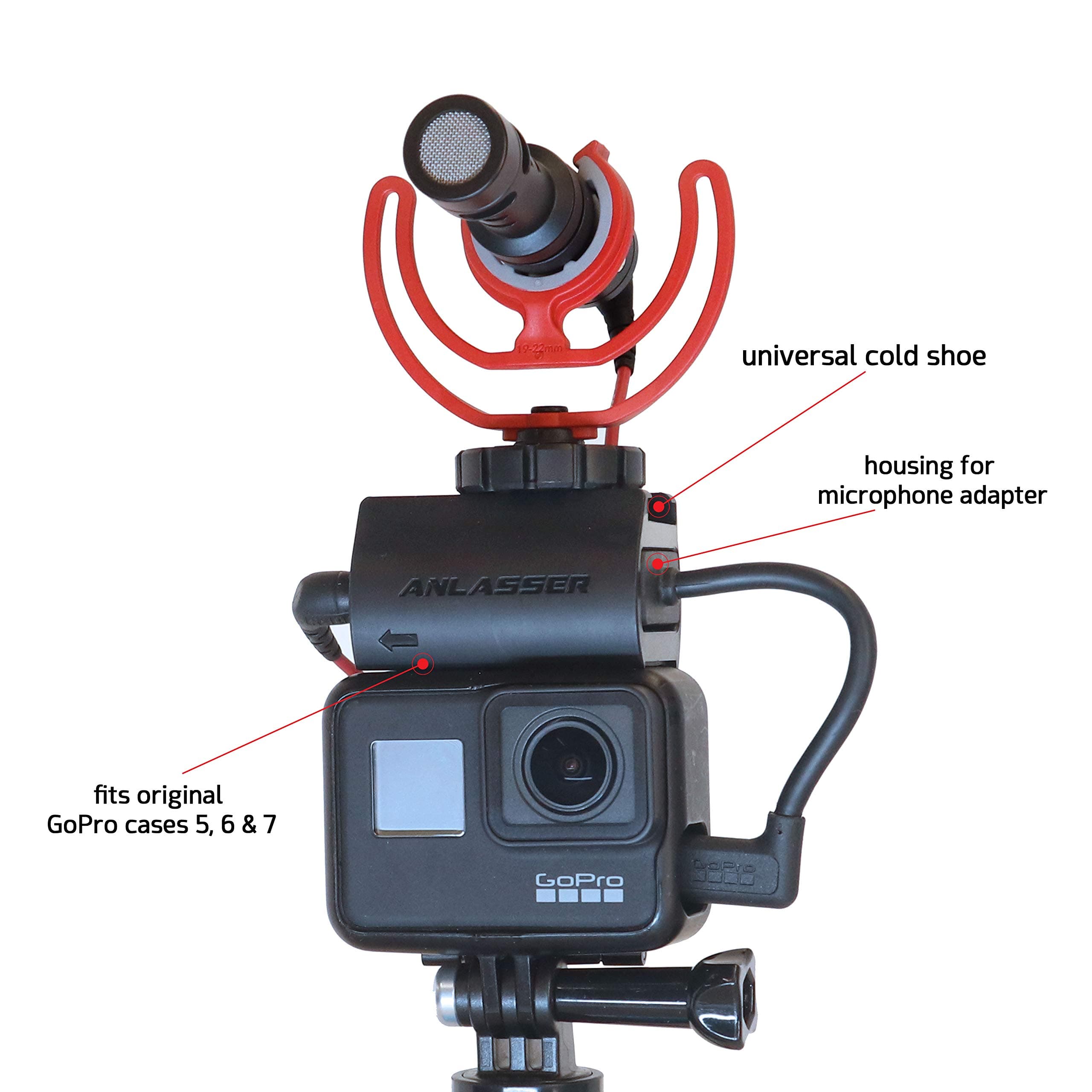 ANLASSER Microphone Mount for GoPro Hero 7, 6, 5 and Housing for Mic Adapter, Works with Original GoPro Case with Universal Cold Shoe Adapter