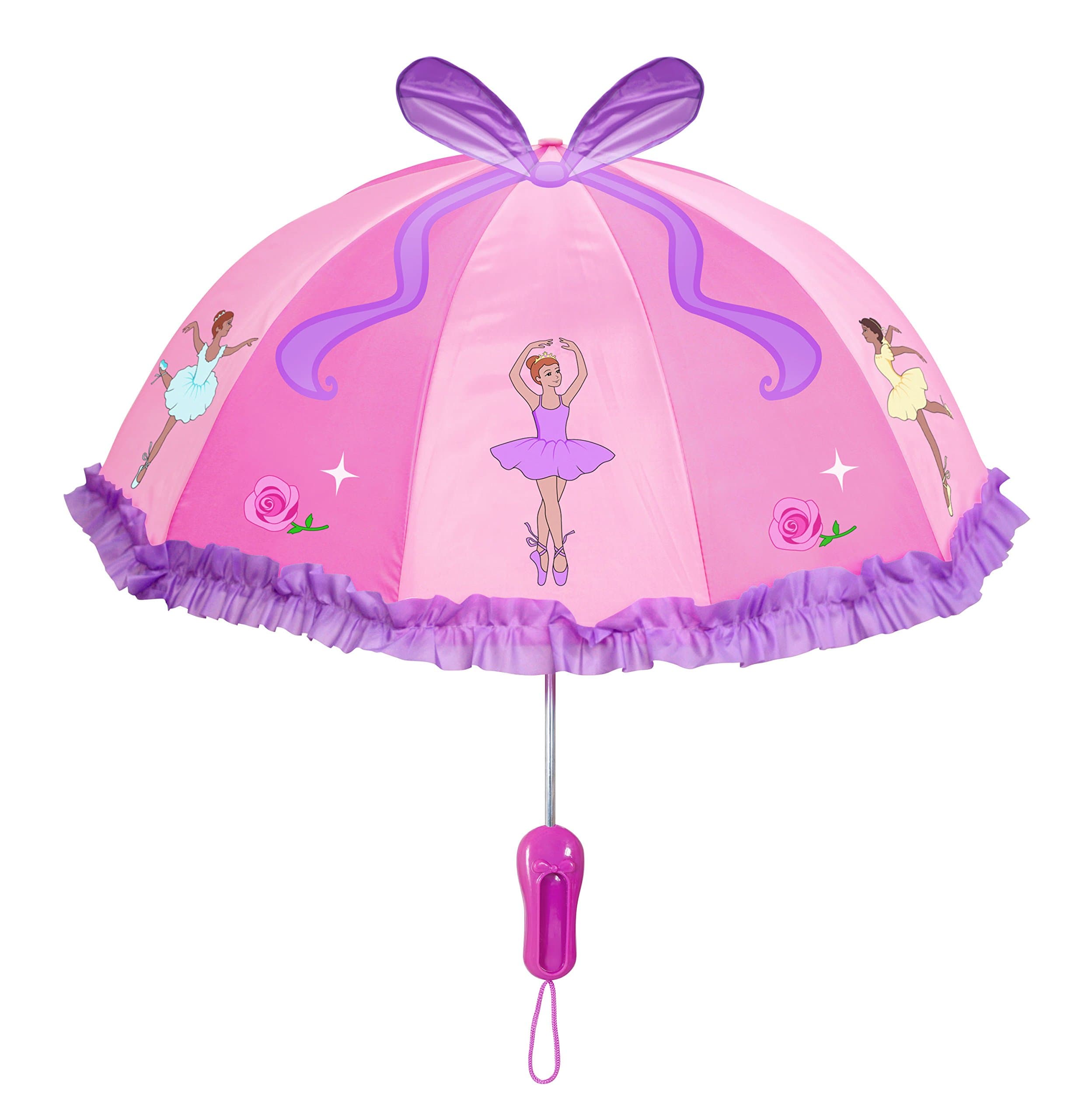 Pink Ballerina Umbrella for Girls w/Fun Ballet Dancers, Pop-Out Ribbon, Pointe Shoe Handle
