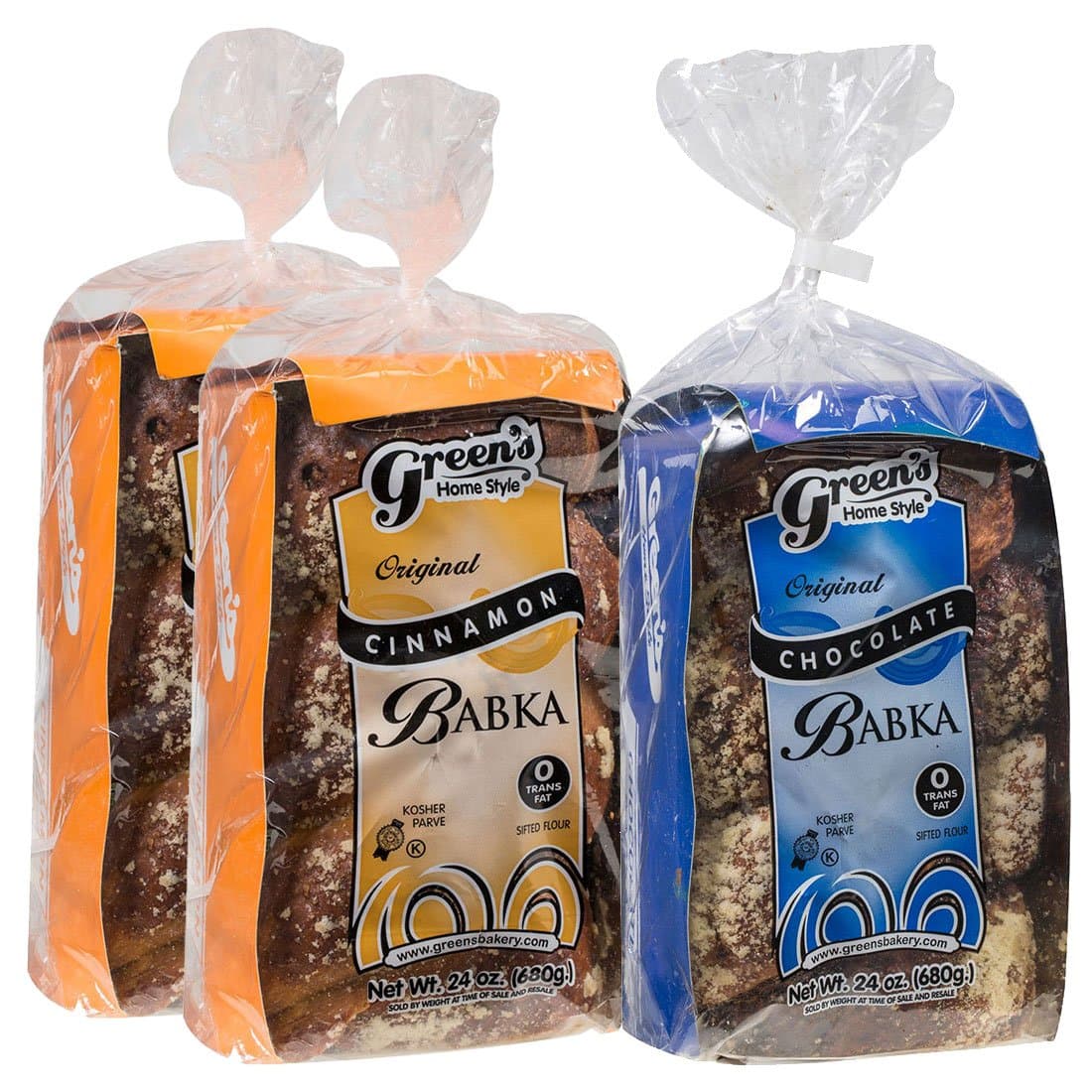 - Green's Bakery (1) Chocolate and (2) Cinnamon Babka Cakes, 3 Pack 24 oz. Fresh and Delicious, OK Certified Kosher and Pareve Babka Bread, Dairy Free and Nut Free