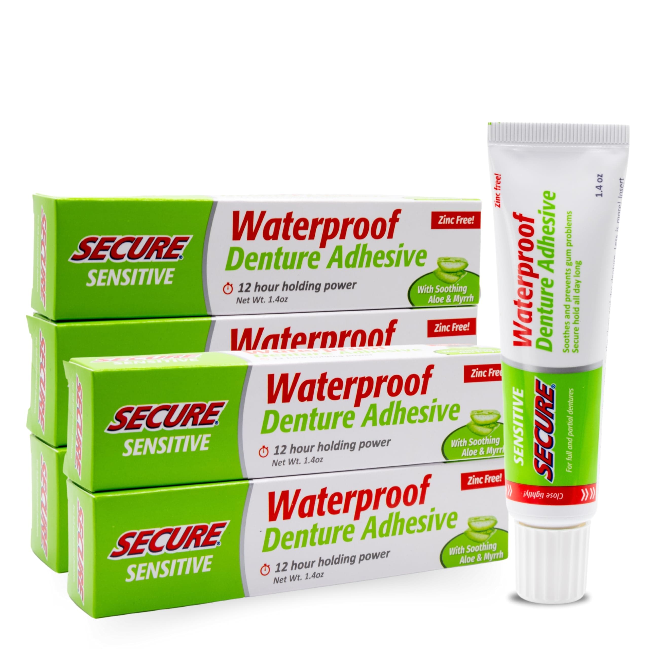 Secure Sensitive Denture Adhesive with Aloe Vera & Myrrh – 12-Hour Max Hold – Patented Waterproof Seal – for All Denture Types – Food Grade Ingredients – 1.4 oz