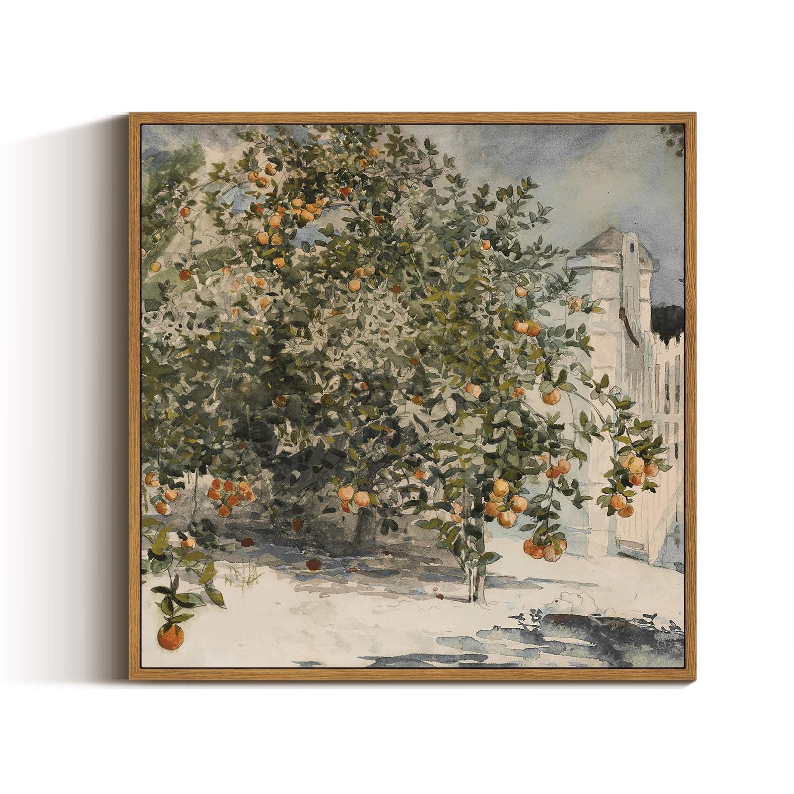 VIYYIEA Vintage Square Framed Wall Art, Orange Trees and Gate Vintage Art Decor Room Aesthetic, 16x16 Inch Canvas Print Art, Farmhouse Still Life Painting Wall Decor for Bedroom Bathroom Office