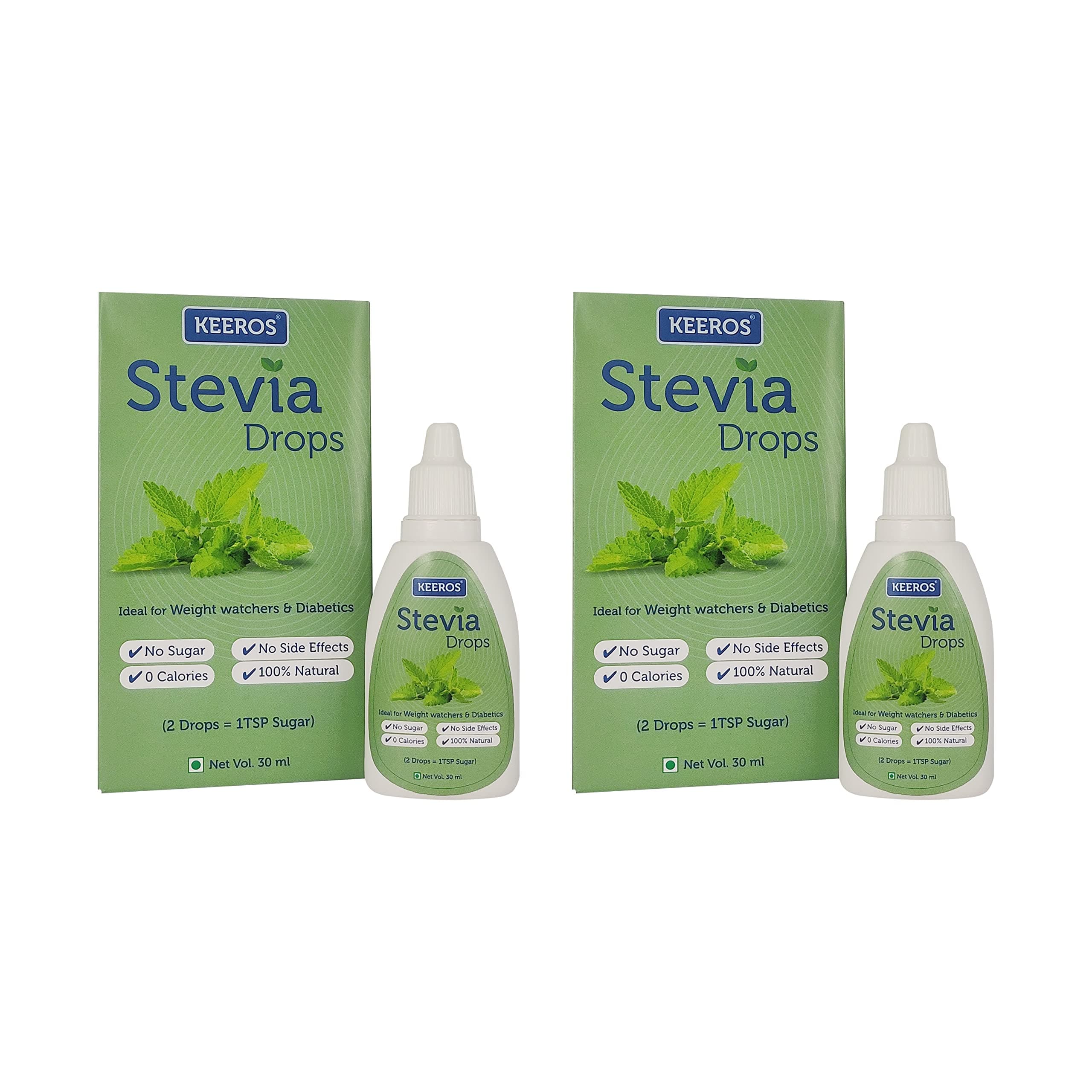 Keeros Stevia Drops Liquid Sweetener- 100% Natural Extract of Stevia Leaves I Zero Calories, Zero GI Sugar Substitute I Ideal for Diabetics & Weight Loss | Pack of 2x30ml