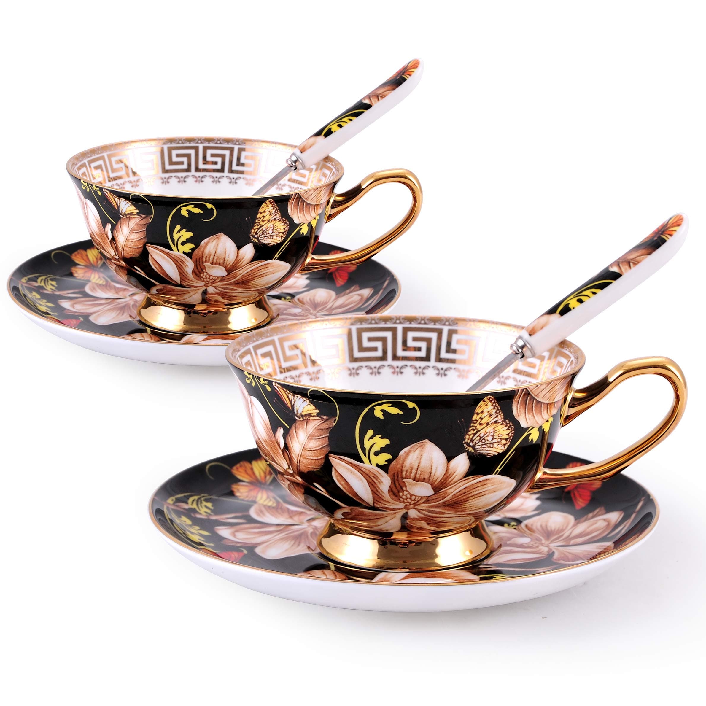 Kissweetime Bone China Tea Cups and Saucers Coffee Cups Porcelain Tea Cup Set - Espresso Mug Cappuccino Cups, Set of 2(7 oz) With Spoon and Gift Box