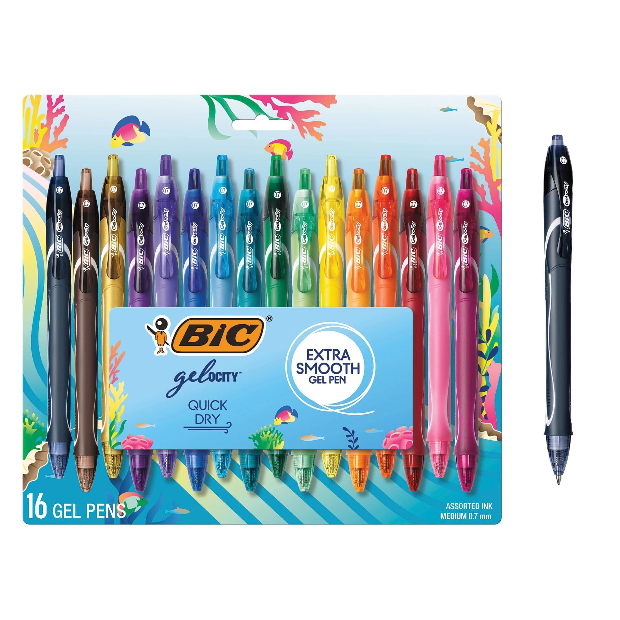 BIC Gelocity Quick Dry Ocean Themed Gel Pens, Medium Point (0.7mm), 16-Count Gel Pen Set, Colored Gel Pens for Note Taking and Journaling