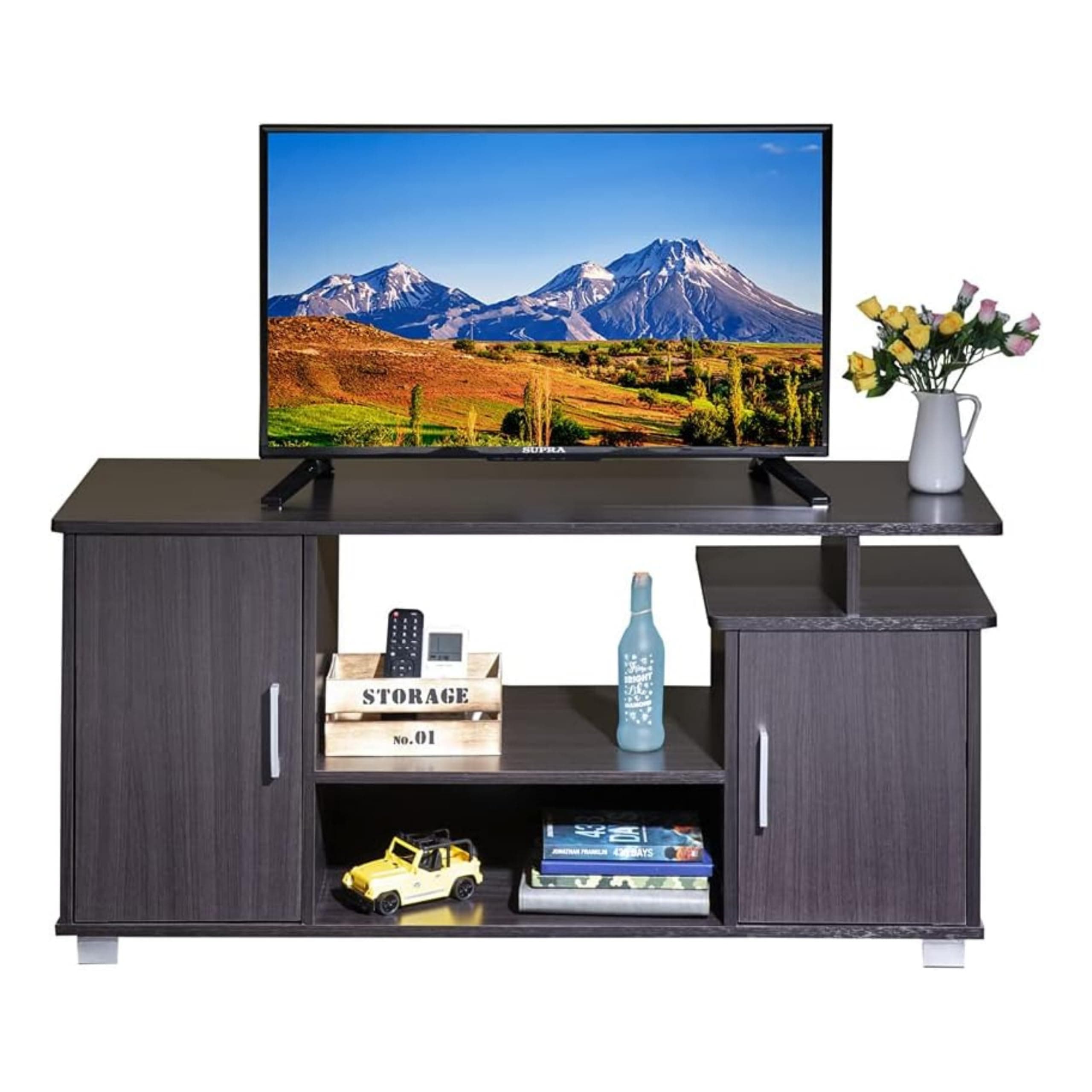 WT-EASYCAREWenge TV Unit Cabinet Stand- Engineered Wood with 2 Cupboards & 2 Open Shelves, Multifunctional TV Console & Storage for Set-Top Box & Accessories- Ideal for Living Room, Office & Bedroom