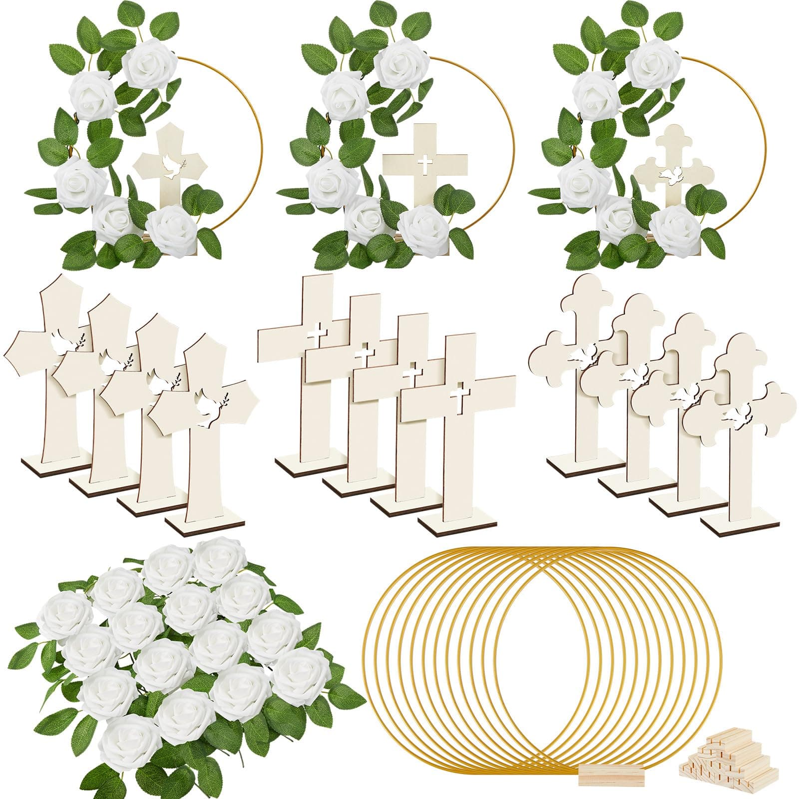 Wesiti 48 Pcs Baptism Centerpiece Decoration for Table 12 Wood Cross 12 Metal Floral Hoop Centerpiece with Stand 24 Foam Rose with Stem for Baptism Baby Shower Wedding(Wood and White,Stylish)