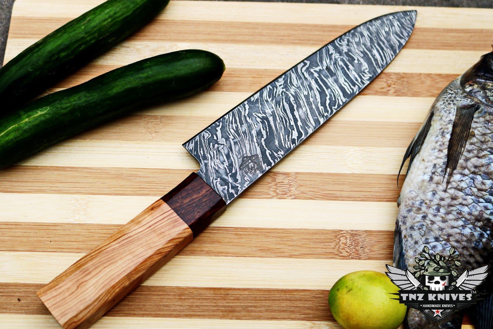 TNZ-1183 USA Damascus Chef Knife 12.25″ Long 7.5″Blade ” 9oz Damascus Chef Knife Handmade Kitchen Sharp Sushi Chef Knife with Leather Cover TNZ Hand Made Damascus Knives