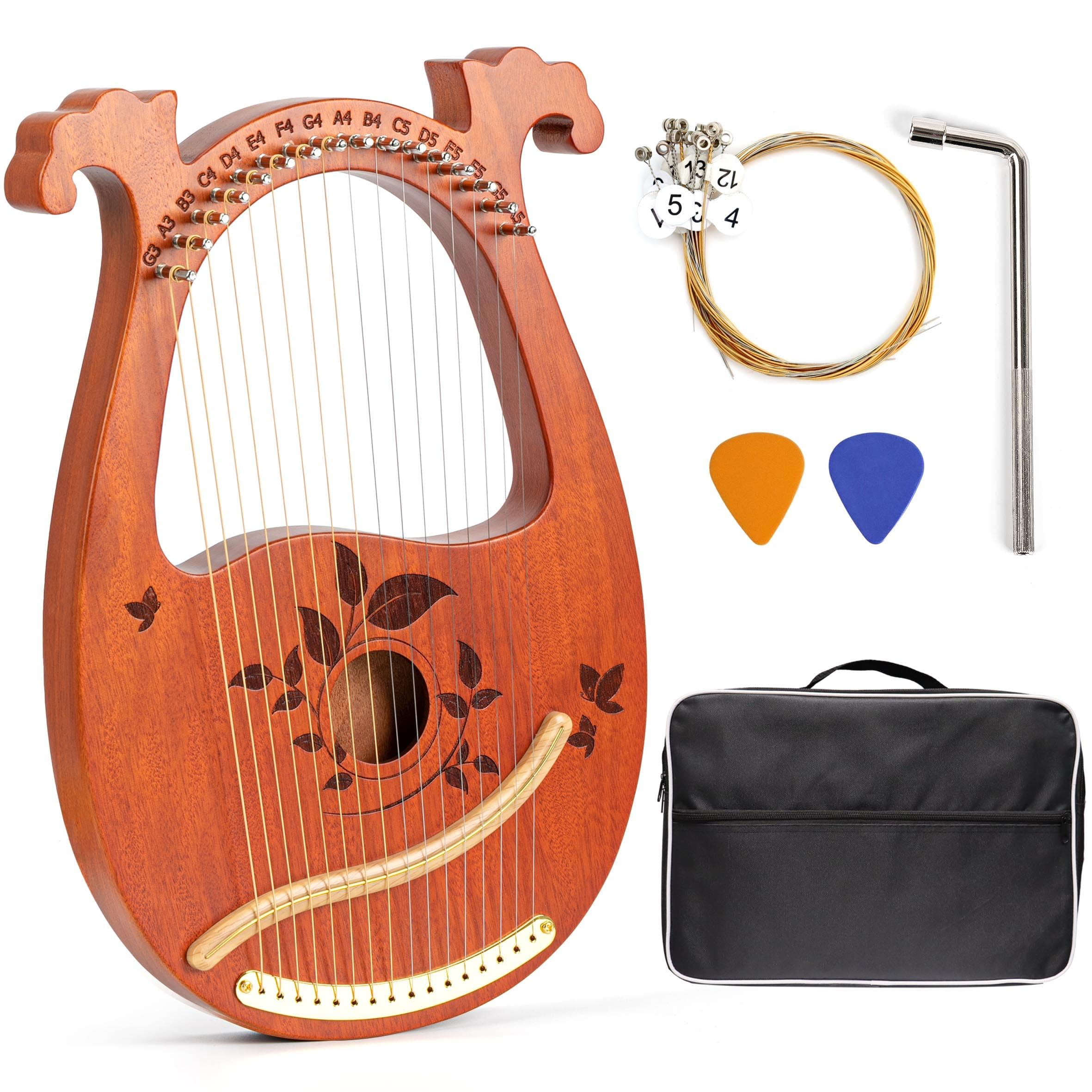 Lyre Harp Mahogany with Tuning Wrench and 16 Pcs Metal Spare String Set Manual Picks Black Gig Bag for Instrument Kids Adult Professional Beginner Music Lovers Gift