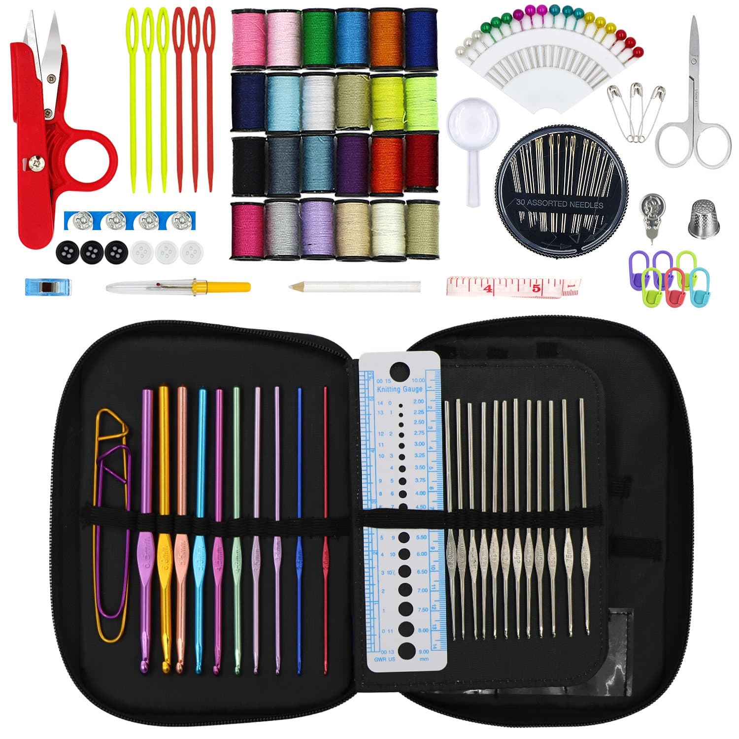 Sewing Kit & Crochet Hooks, 132 Pcs Mini Sewing Accessories, Portable& Emergency Sewing Set, Travel Sewing Supplies, With 22 Size Crochet Needles, 24 Color Thread, For Beginners, Kids, Adults