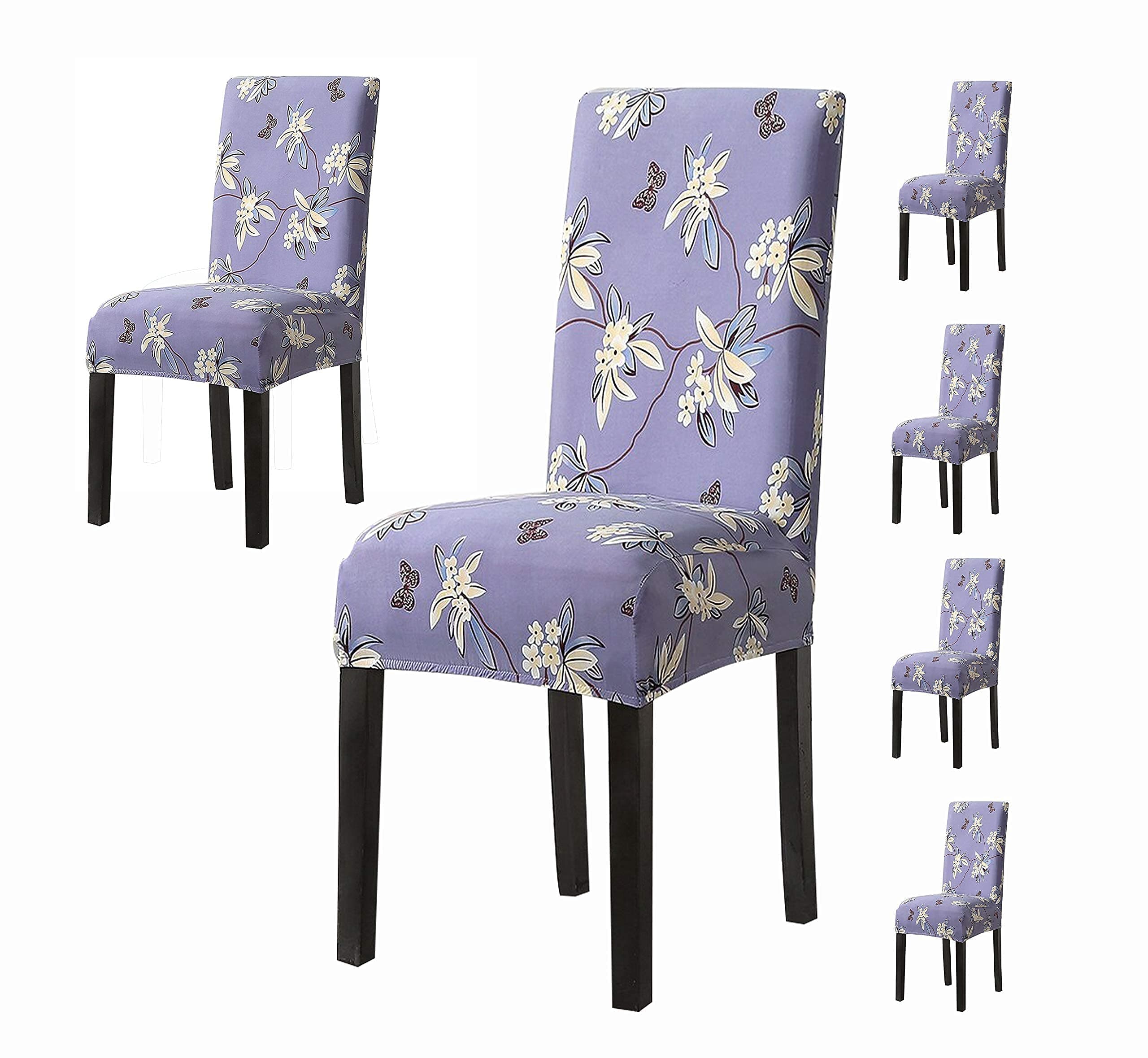 House of Quirk Elastic Chair Cover Stretch Removable Washable Short Dining Chair Cover Protector Seat Slipcover - Purple Flower (Pack of 6)