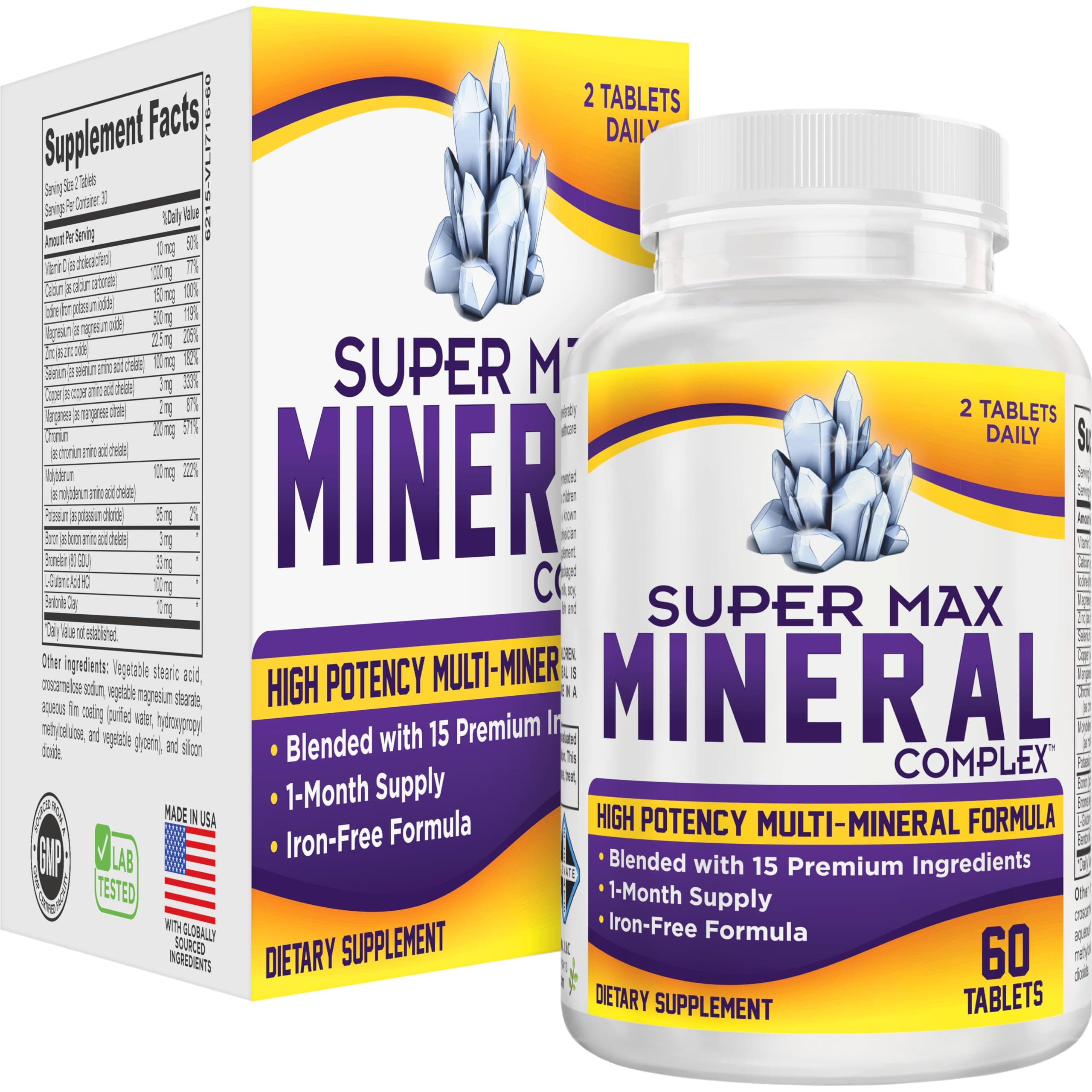 15-in-1 Multimineral Supplement Support Iron-Free Formula | Daily Multiminerals | Multi-Mineral Supplements | Minerals Complex | 1-Month Supply | 60 Tablets