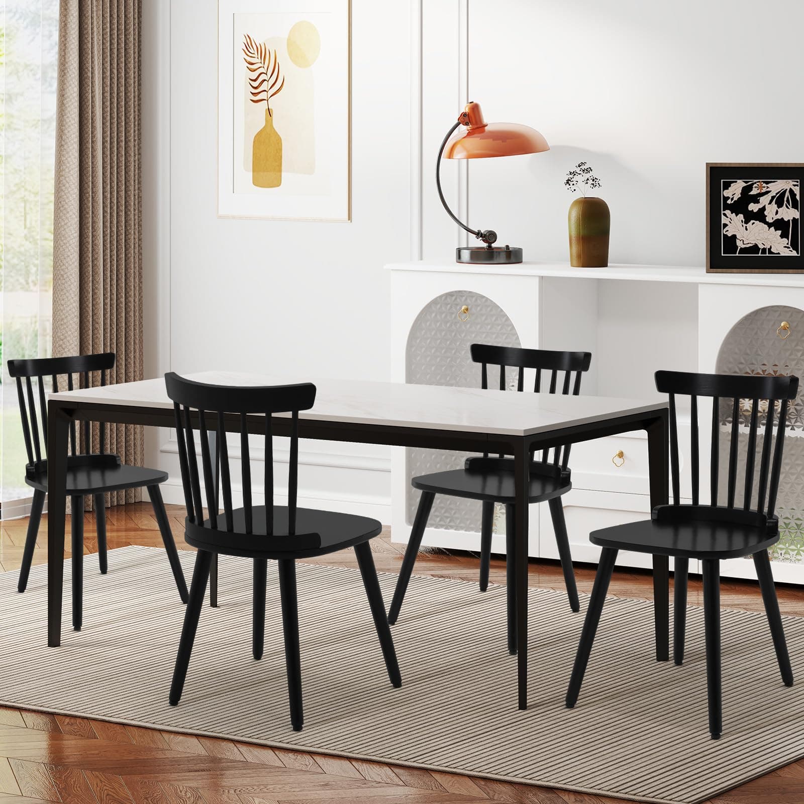 RêveLife Windsor Dining Chair Set of 4 Farmhouse Solid Wood Spindle Back Side Chair Mid-century Modern Black Armless Kitchen Chair for Dining Living Room Farmhouse Restaurant