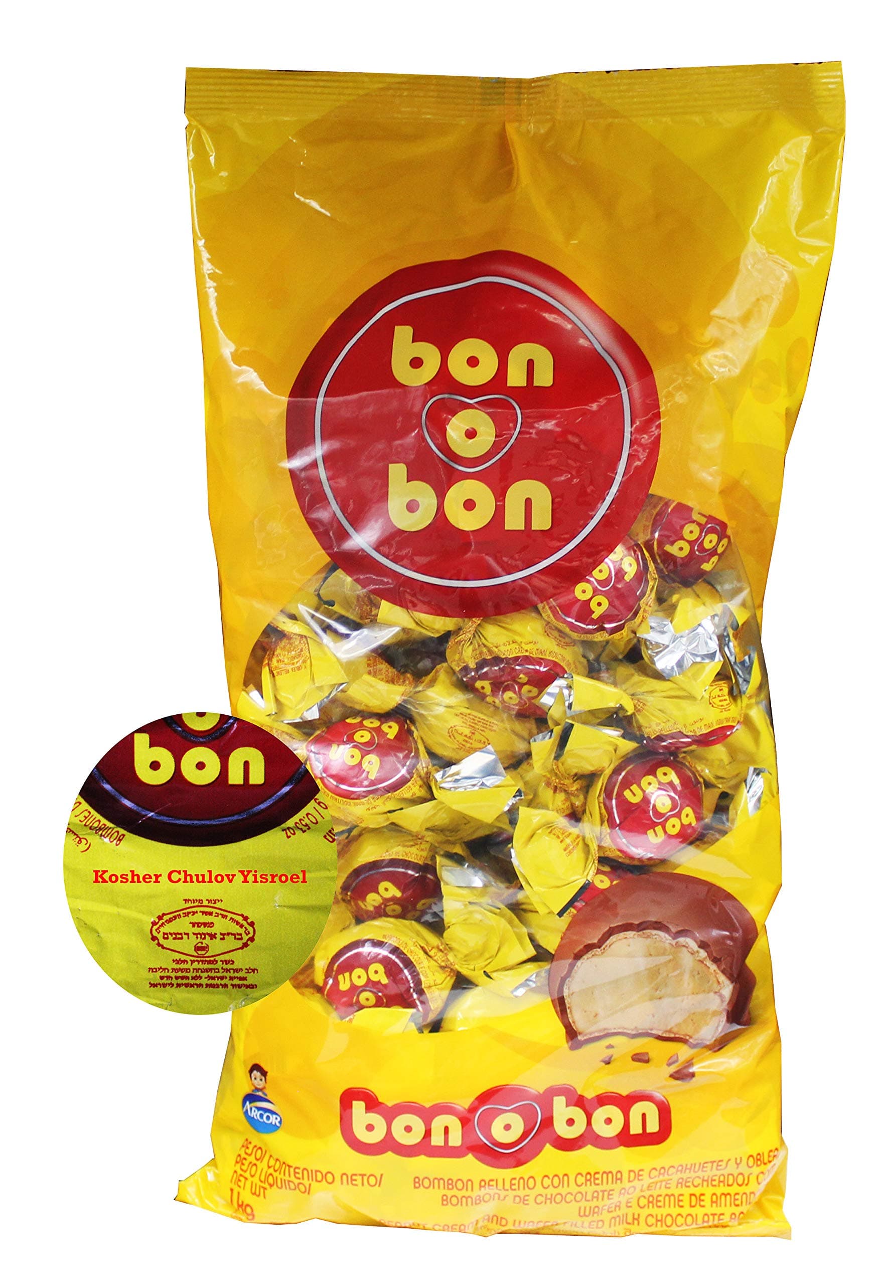 Arcor Bon O Bon Peanut Cream and Wafer Filled Milk Chocolate Bonbons Special Kosher-dairy Chulov Yisroel Production (Bag of 58)
