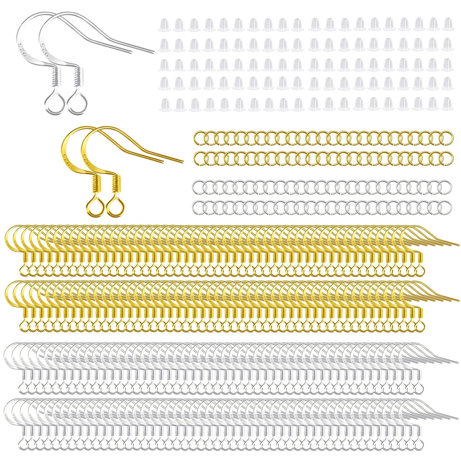 200 PCS 18K Gold Tone and Silver Earring Hooks 925 Sterling Silver Plated Hypoallergenic Ear Wires Fish Hooks with 100 PCS Clear Silicone Earring Backs and 100PCS Jump Rings for DIY Jewelry Making…