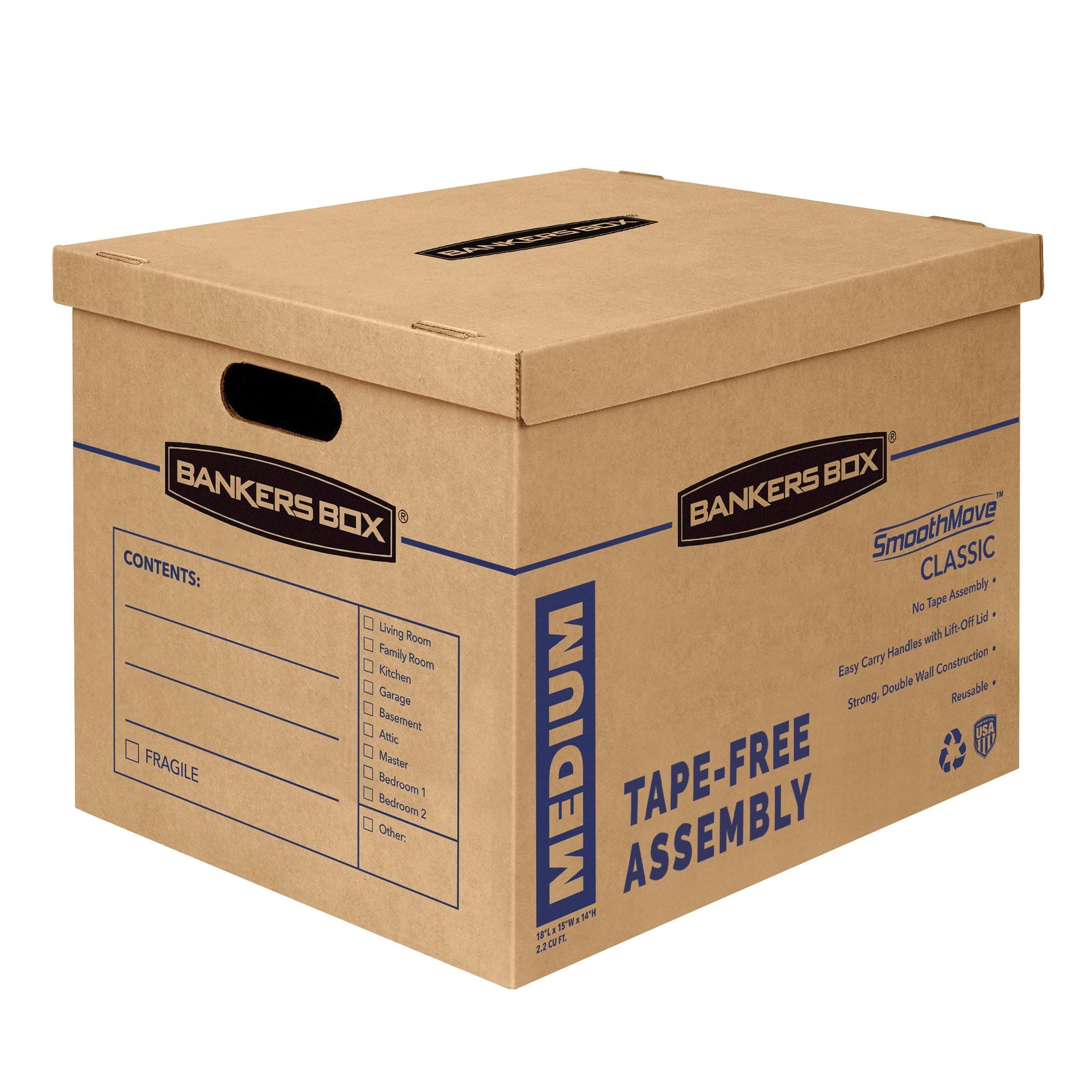 Medium Classic Moving Box 8 Pack, Reinforced Handles, Tape-Free Assembly, Box with Lid, 19-in x 14.5-in x 15.5-in (7717201)