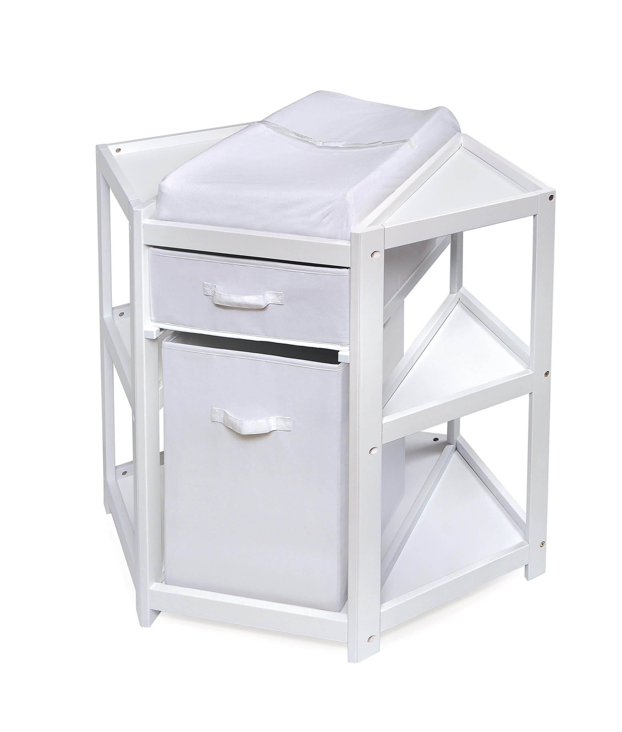 Badger BasketBadger Basket Corner Baby Changing Table - Space-Saving Diaper Changing Station for Nursery with Storage Bin, Changing Pad and Safety Belt - Organizer for Newborn and Infant Essentials - White