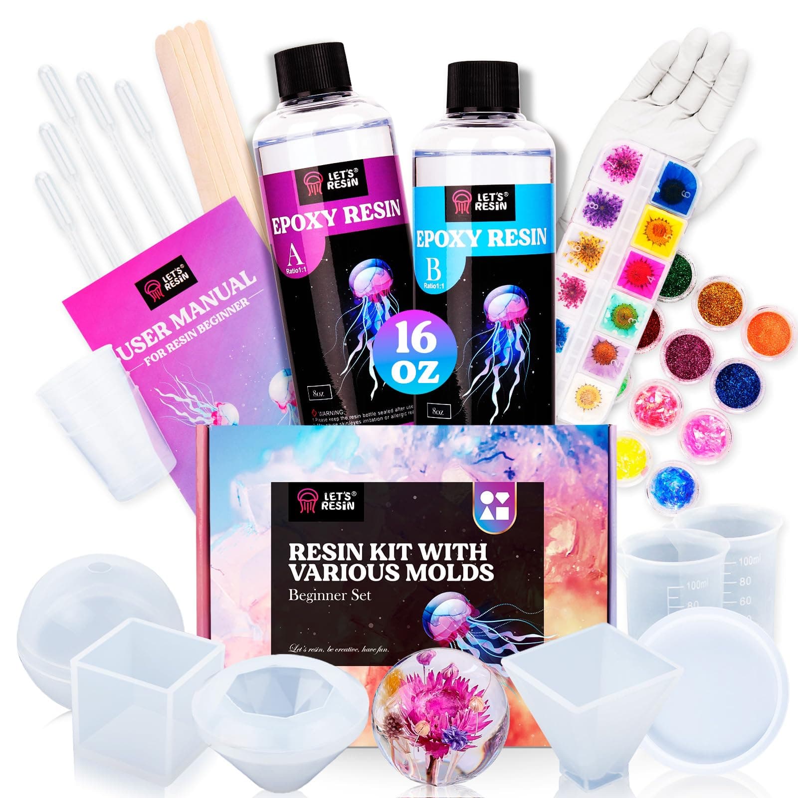 LETââ‚¬â„¢S Resin Resin Kits and Molds Complete Set, 16OZ Resin Molds Silicone Kit Bundle with Sphere, Pyramid Molds, Glitter and Dried Flowers, Resin Epoxy Starter Kit for Beginners Resin Casting