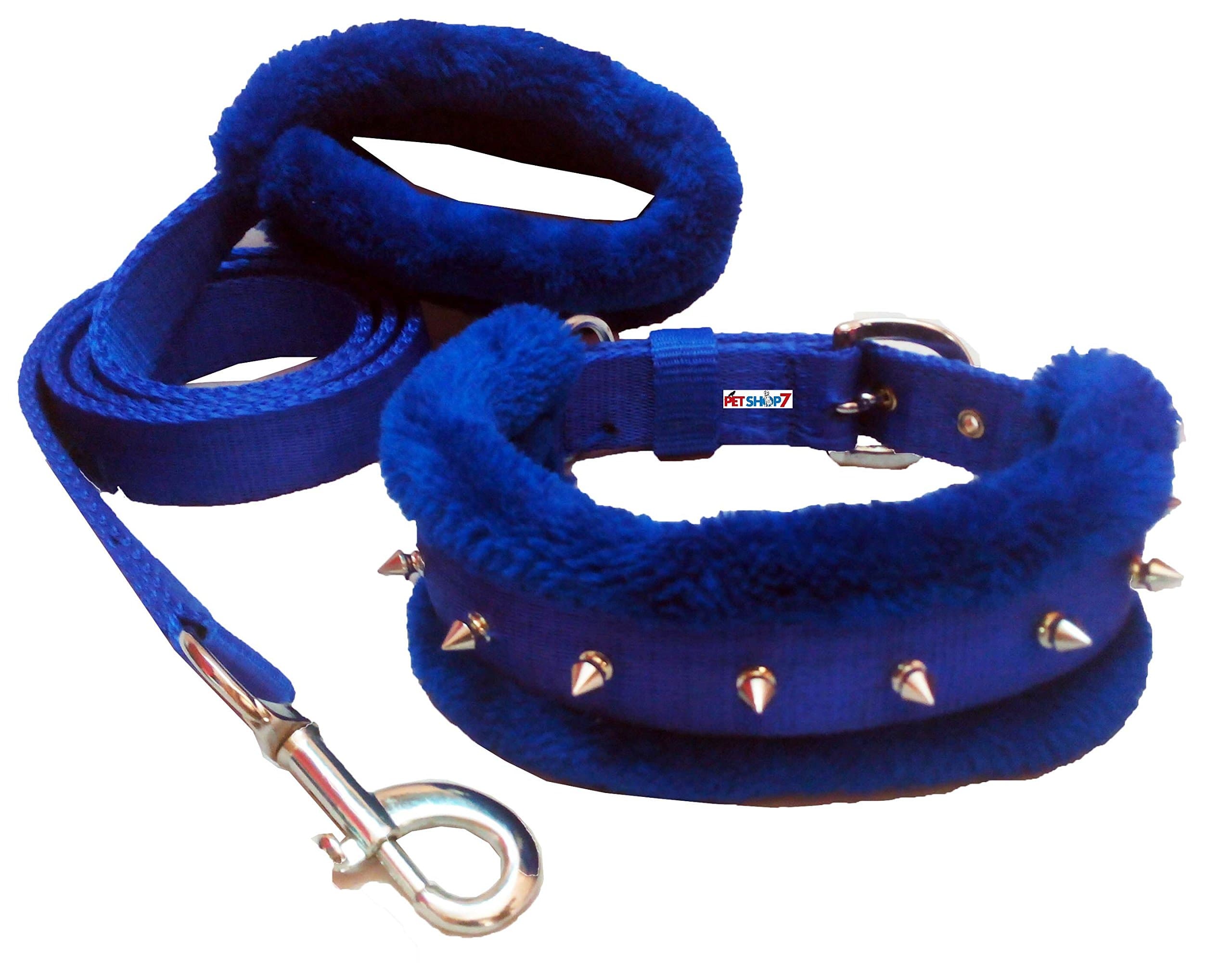 Nylon Fur Padded Spike Dog Collar & Dog Leash - Medium (Adjustable Neck Size : 14-17inch) Blue