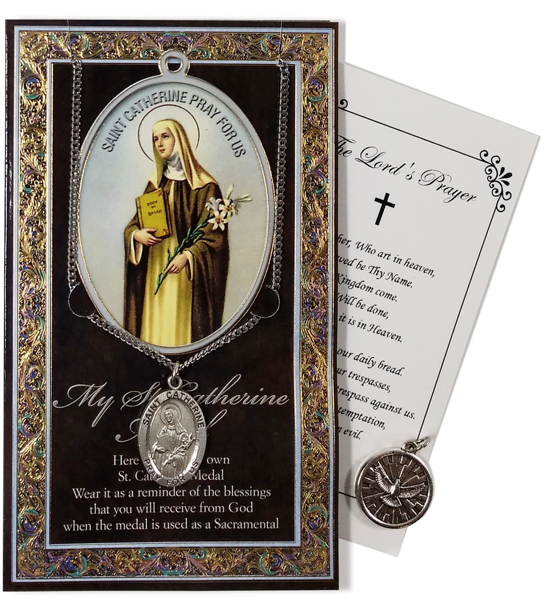 Saint Catherine Of Siena Medal Necklace with Confirmation Dove Charm | St Catherine Of Siena Pendant Jewelry,Holy Spirit Dove Pendant, Lord's Prayer Card | Catholic Patron Saint Of Italy Themed Set,