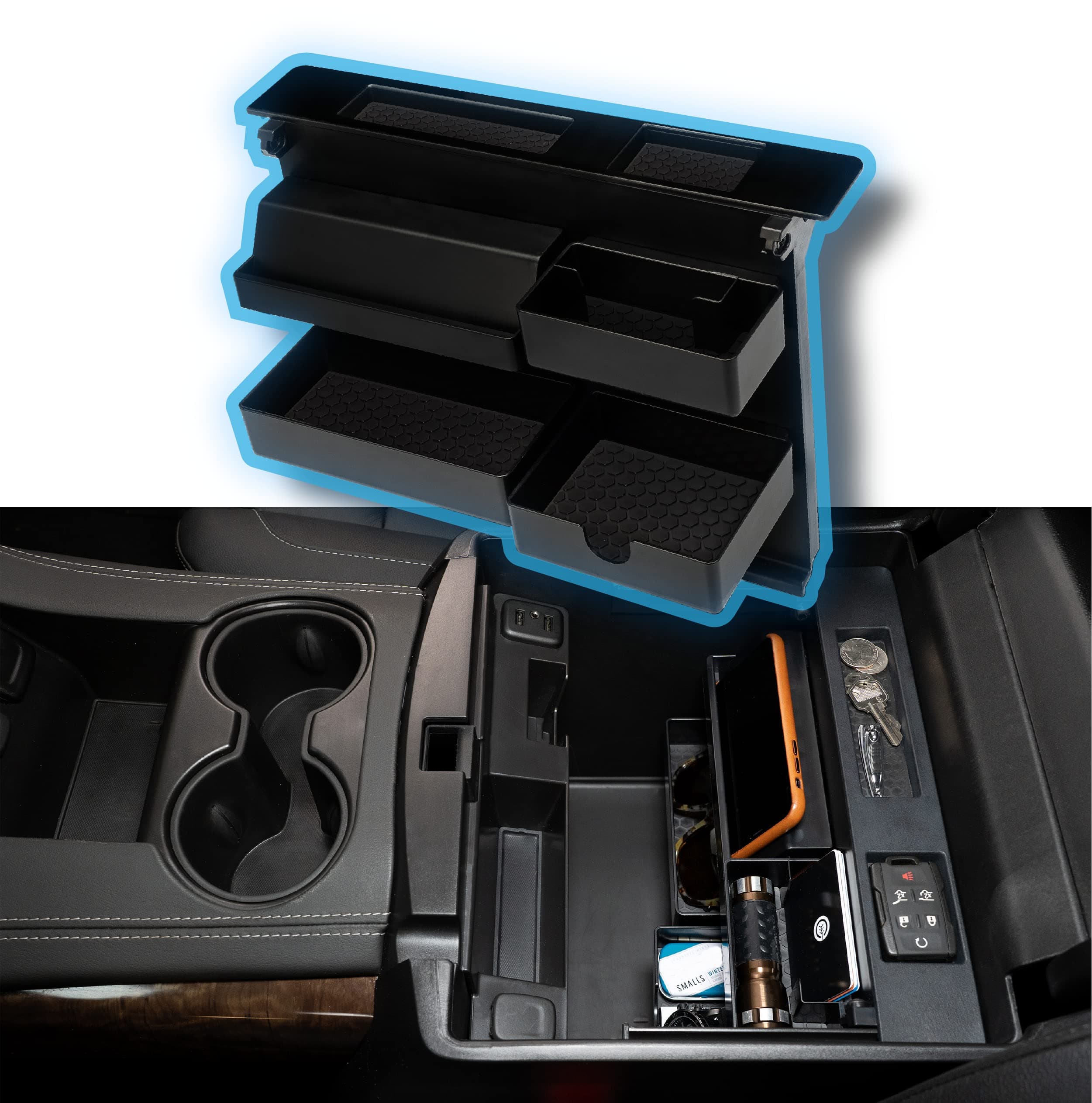Center Console Organizer - Compatible with Chevrolet and GMC Trucks (2014-2019) & SUVs (2015-2020) 13.2" x 2" x 9.2" - Black