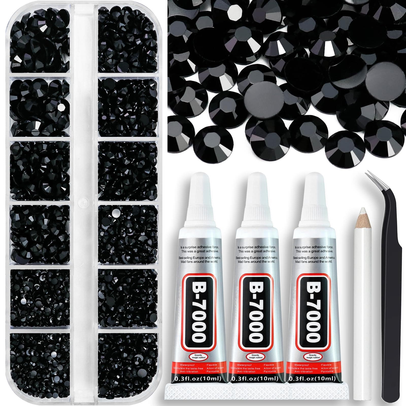 Rhinestone Bedazzler Kit with B7000 Glue, 4000PCS Solid Black Rhinestones for Crafts Clothes Shoes, Glue Fix Flatback Gems for Nails Face Jewelry, Mixed 5 Sizes 2/3/4/5/6mm Bejeweled Kit