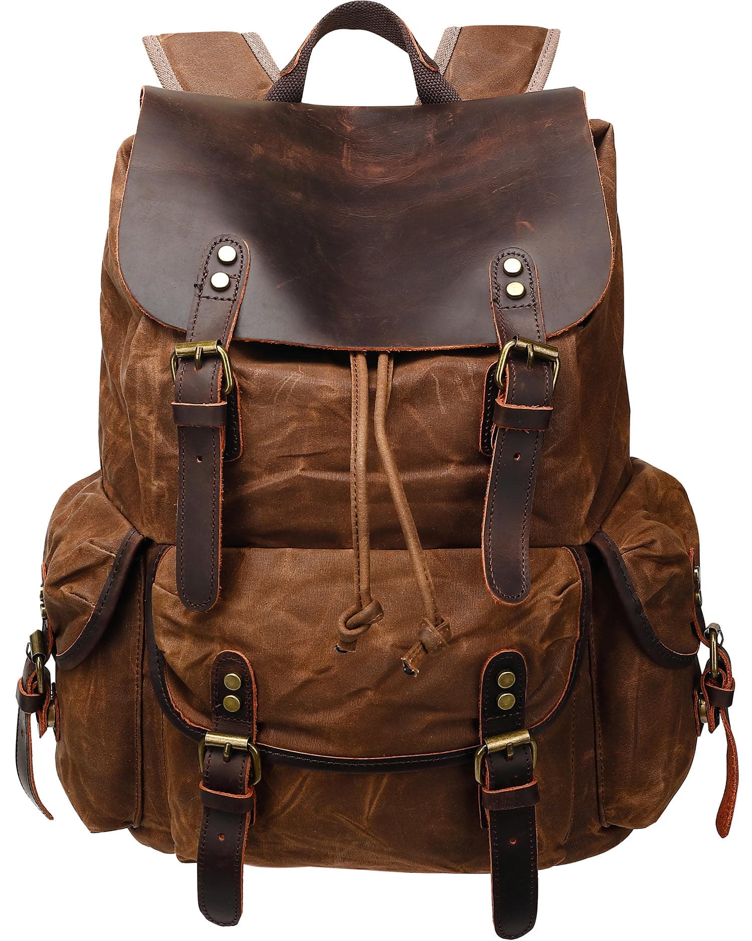 Vintage Waxed Canvas Backpack with Genuine Leather Flap, Travel & Work Rucksack, Brown, Large, Vintage; Retro; Military-style