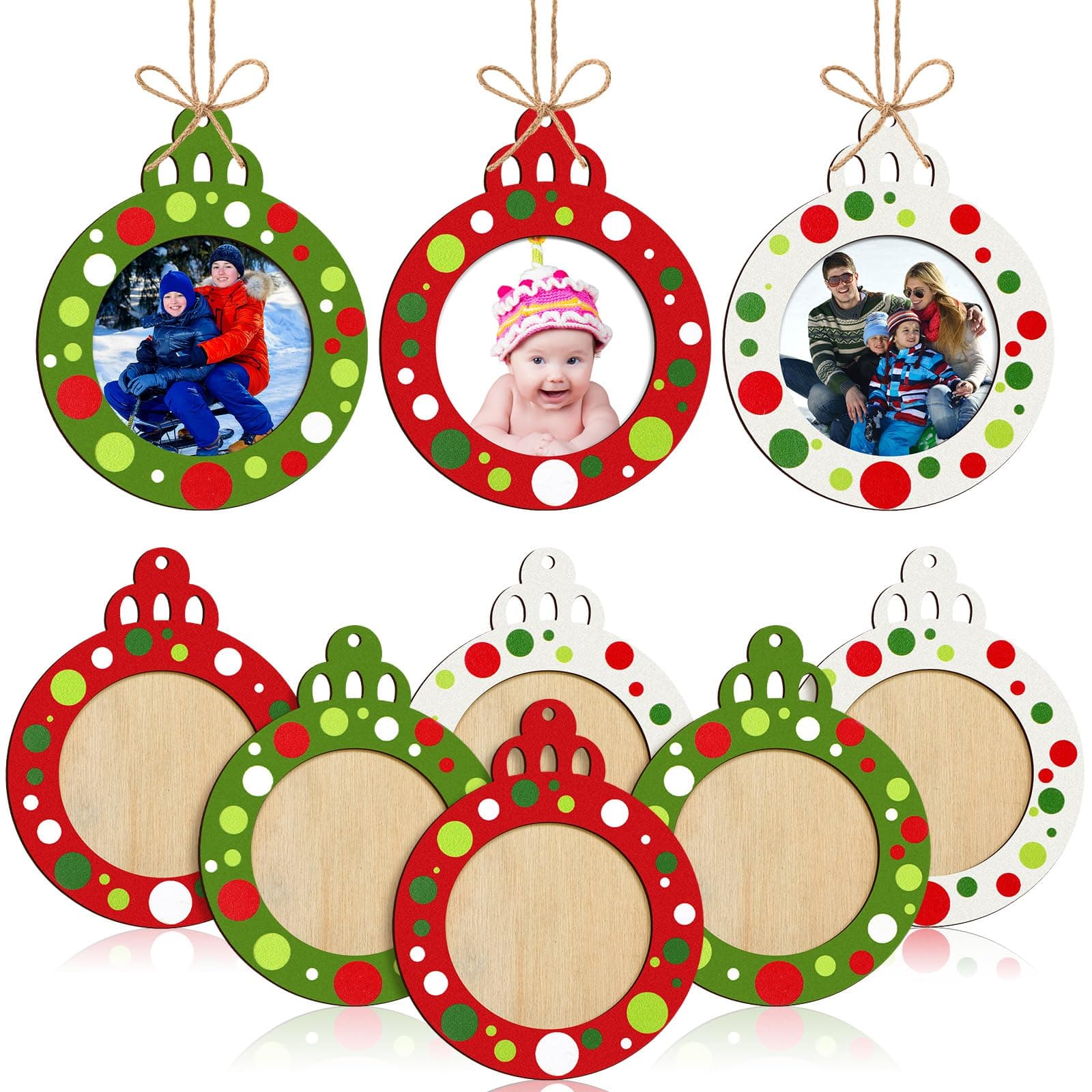 24 Pcs Christmas Pictures Frame Ornaments Bulk Wooden Red Green White Dots Christmas Photo Ornaments Hanging Picture Frames Memories Gifts Keepsake for Tree