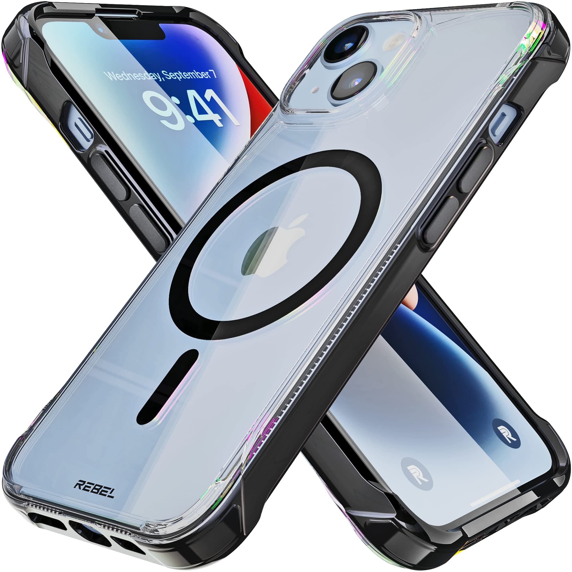 REBEL Clear Case for iPhone 14 [Crystal Series Gen-4] Strong MagSafe Compatible, Anti-Scratch, Non-Yellowing, Protective, Shockproof, Metal Buttons, 6.1 Inch Phone Cover 2023 13 & 14 (Crystal Black)