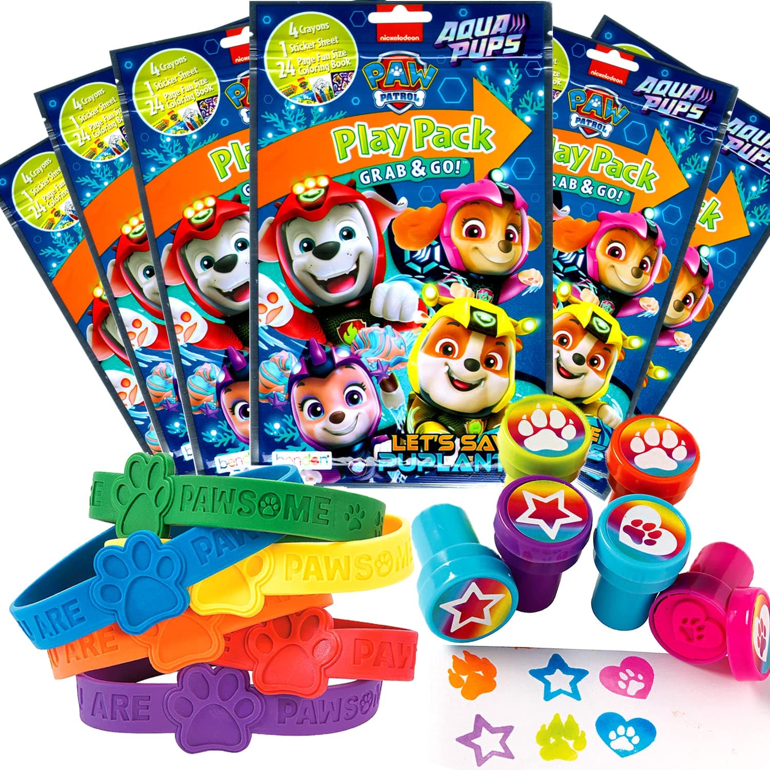 Paw Patrol Party Favour Set - 6 Grab & Go Colouring Book Play Packs, 12 Paw Print Rubber Bracelets, 12 Paw Print Stampers