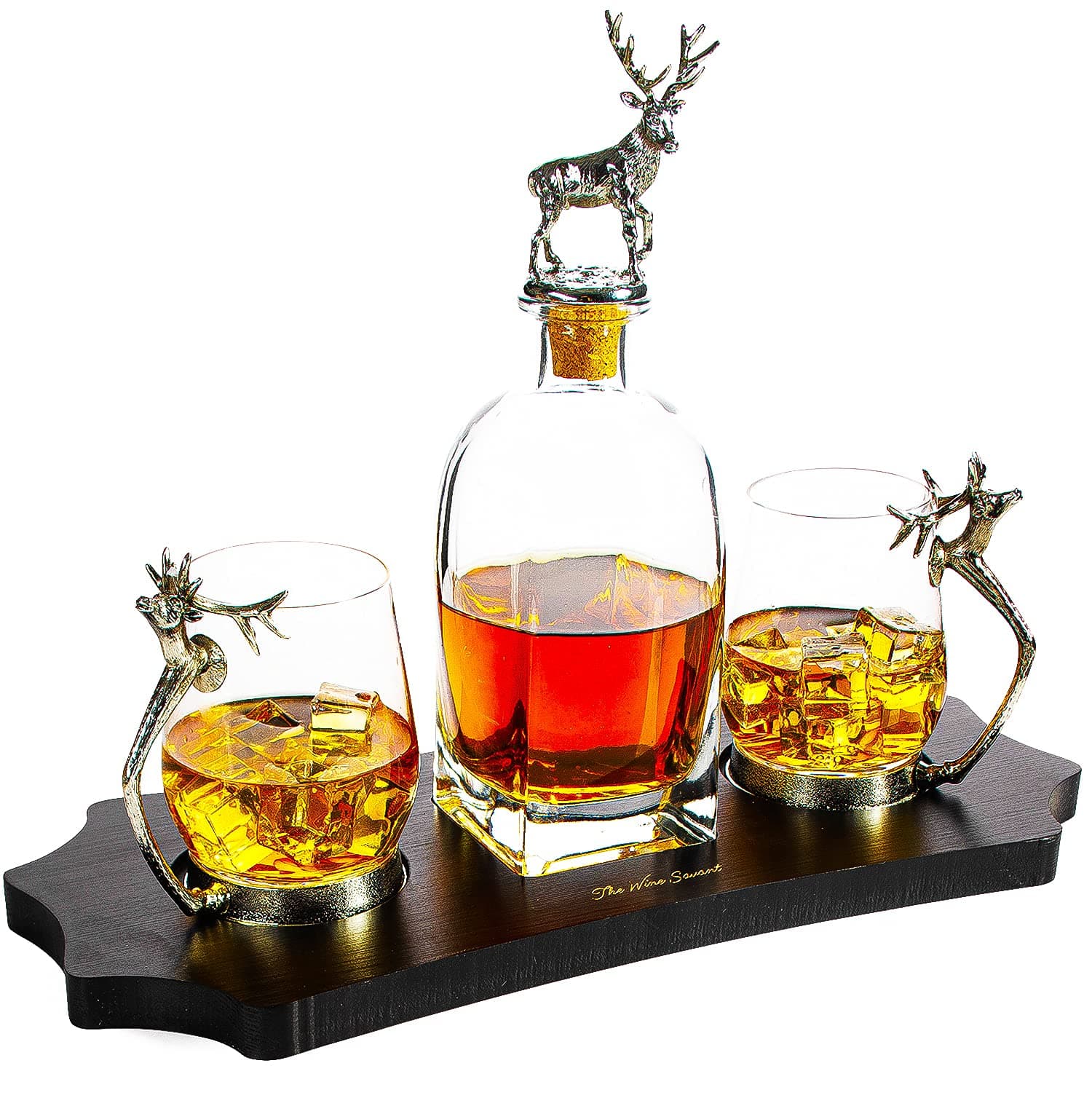Stag Antler Decanter Set with 2 Stag Glasses - Antique Pewter Whiskey Decanter Set Elegant Liquor Decanter Gift Set for Bar by The Wine Savant - Luxury Decanter for Bourbon, Scotch, or Whiskey 750ml