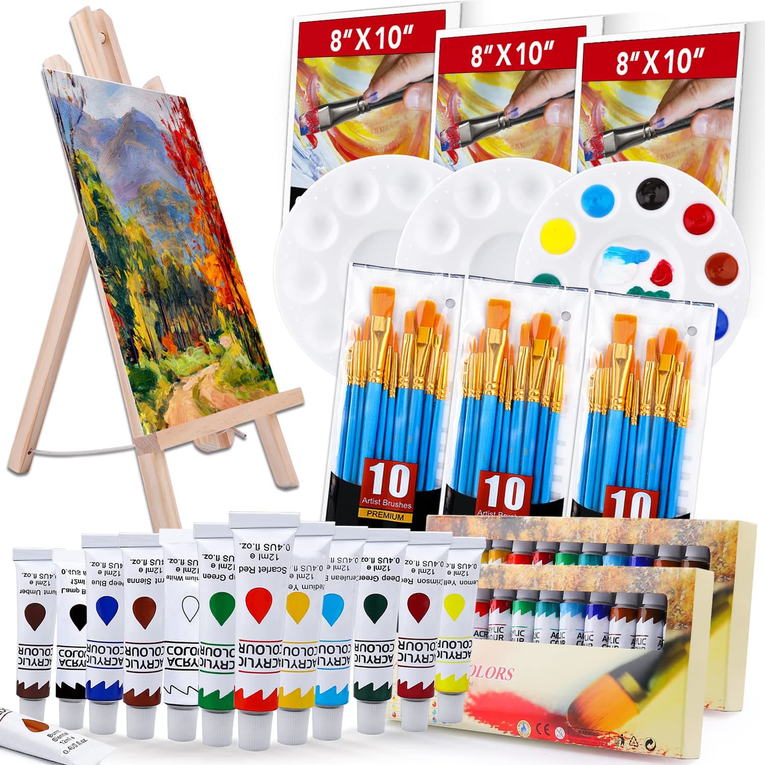 Acrylic Painting Set with 1 Wooden Easel 3 Canvas Panels30 pcs Nylon Hair Brushes 3 PCS Paint Plates and 2 PCS of 12ml Acrylic Paint in 12 Colors for Acrylic Painting Artist Professional Kit