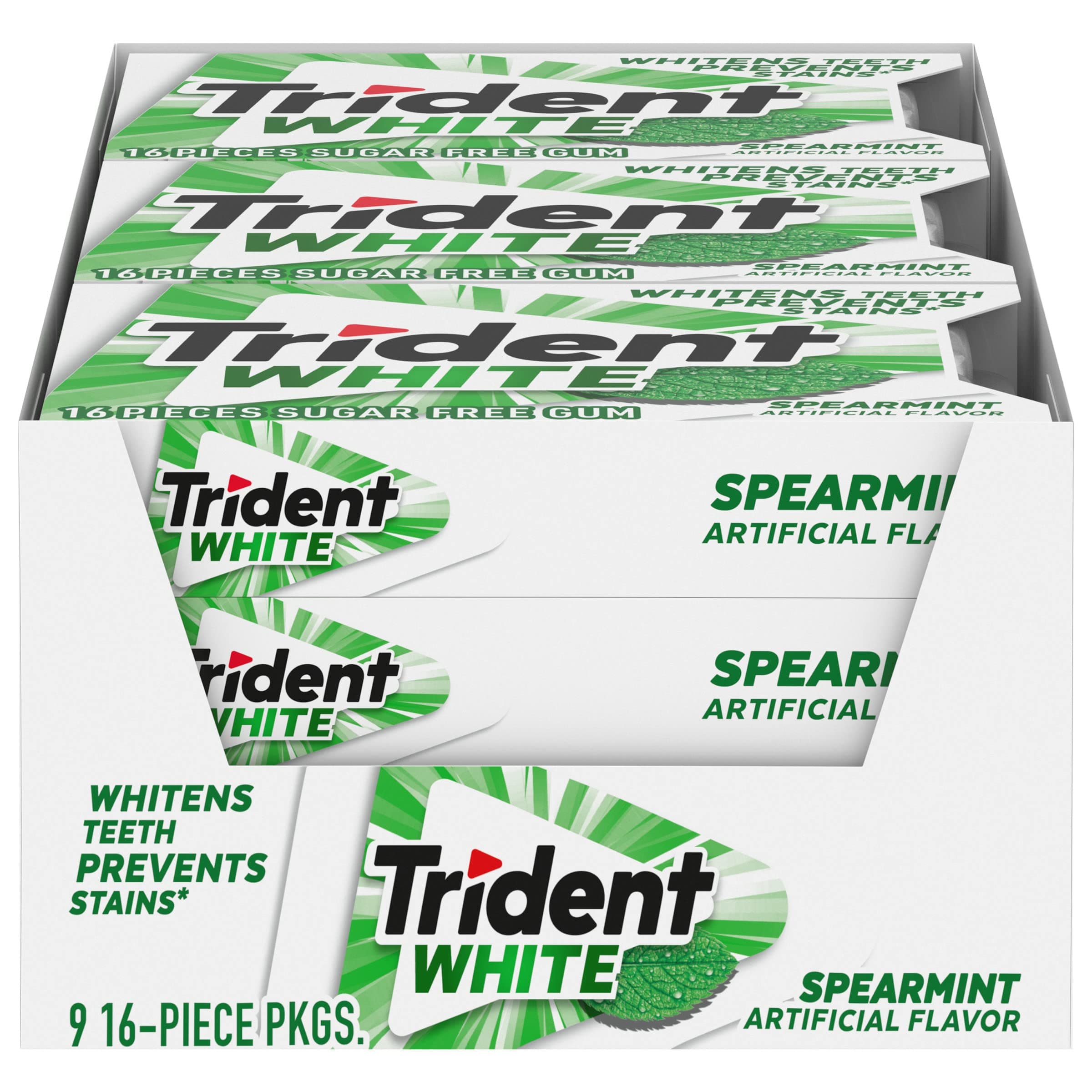 Trident White Spearmint Sugar-Free Chewing Gum, 9 Pack of 16 Pieces (144 Total Pieces)