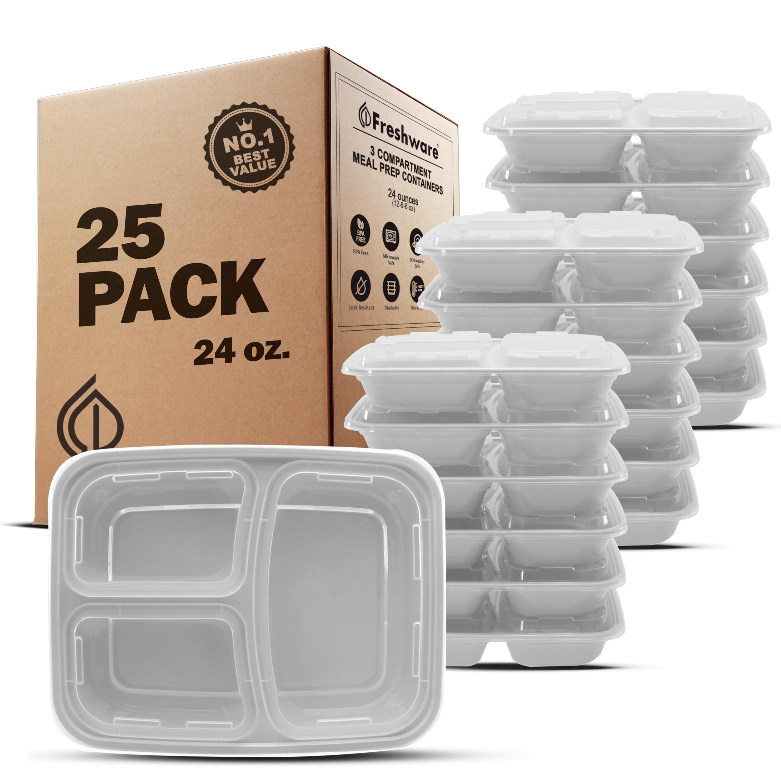 Freshware Meal Prep Containers [25 Pack] 3 Compartment with Lids, Food Storage Containers, Bento Box, BPA Free, Stackable, Microwave/Dishwasher/Freezer Safe (24 oz)
