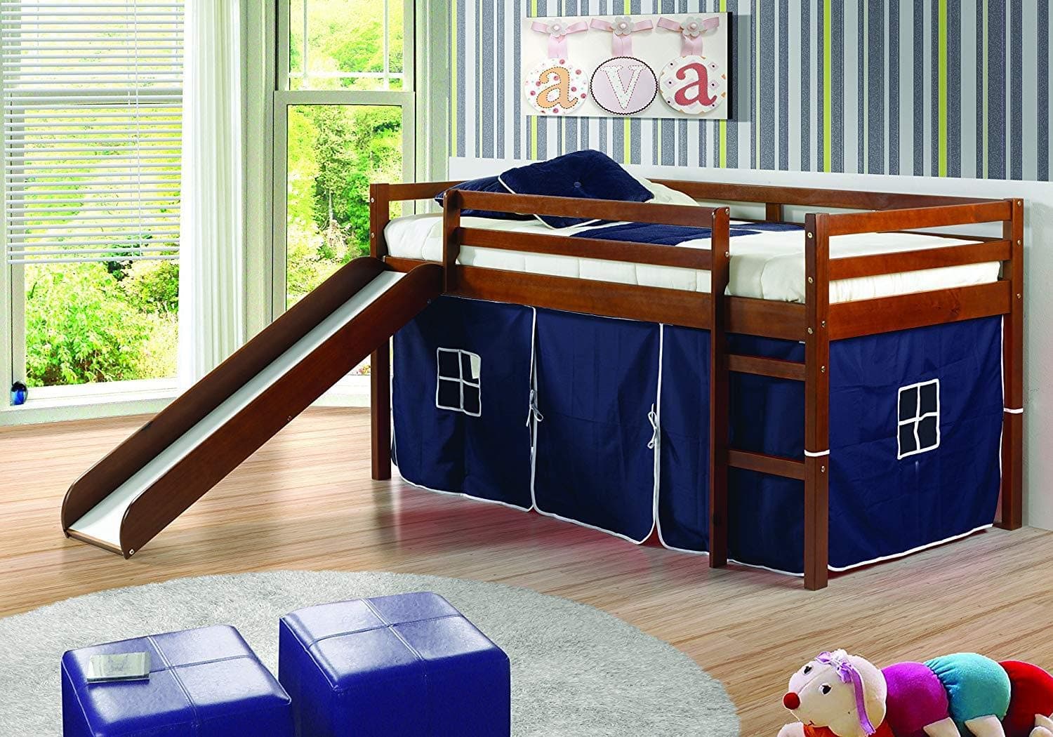 Donco Kids Twin Tent Loft Bed with Slide Finish: Light Espresso, Color: Blue