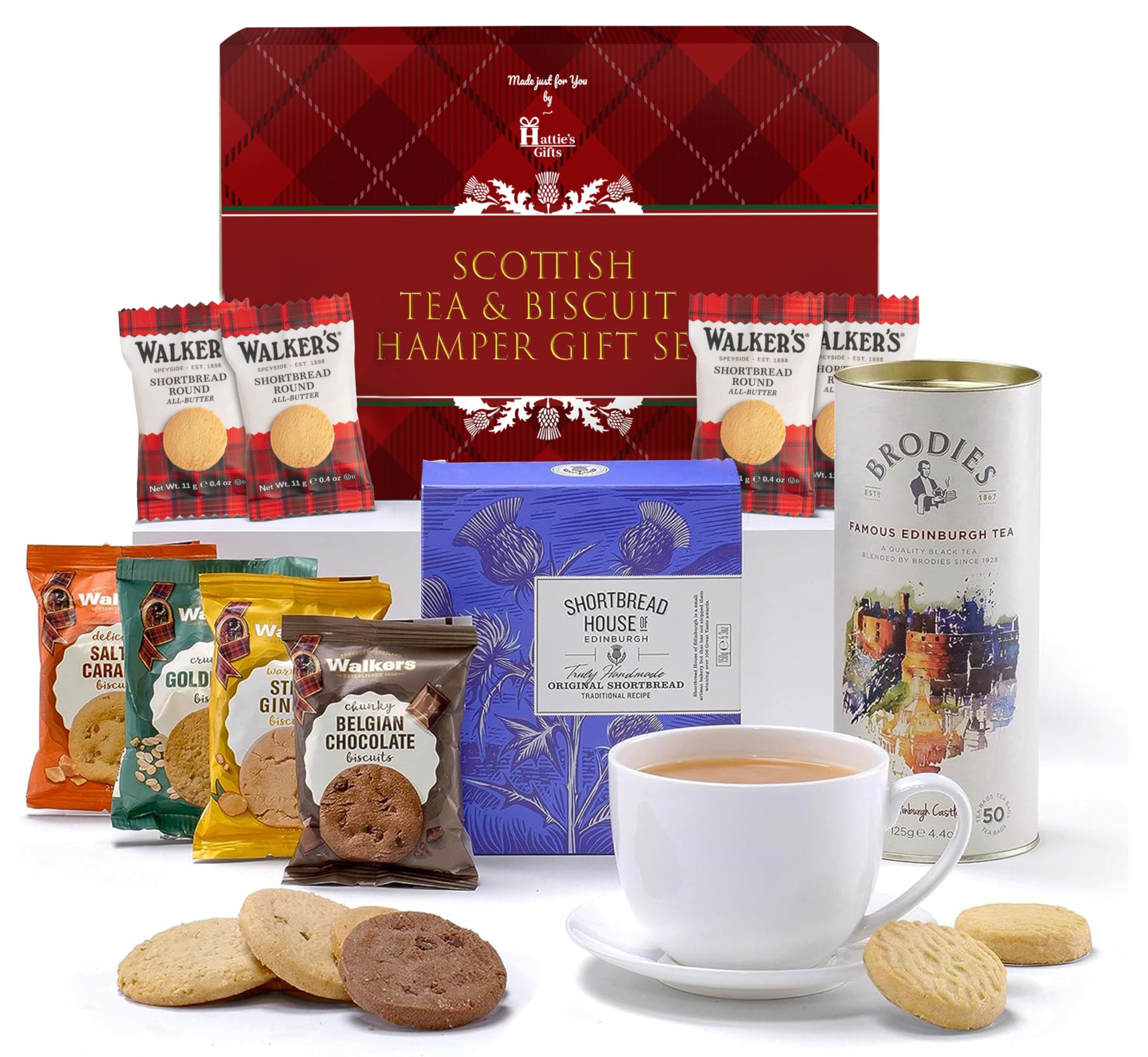 Tea and Biscuits Gift Set – Hattie's Gifts Mothers Day Hamper with Scottish Afternoon Tea & Shortbread – Food Gifts for Women, Luxury Scottish Gift for Mum