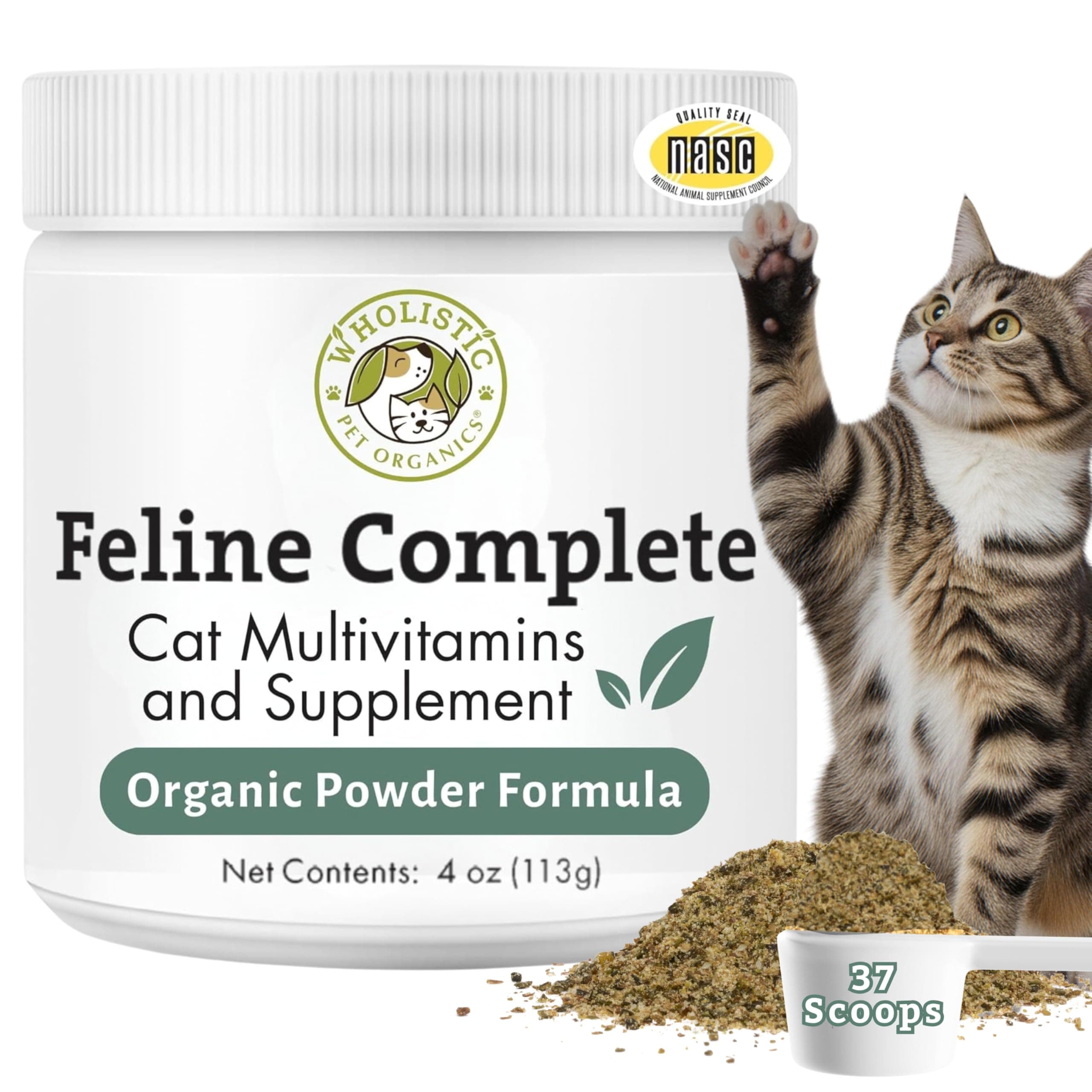 Wholistic Pet Organics Feline Complete - 4 Oz - Multivitamin & Probiotic Powder for Cats - Natural Cat Food & Digestive Support - 37 Scoops