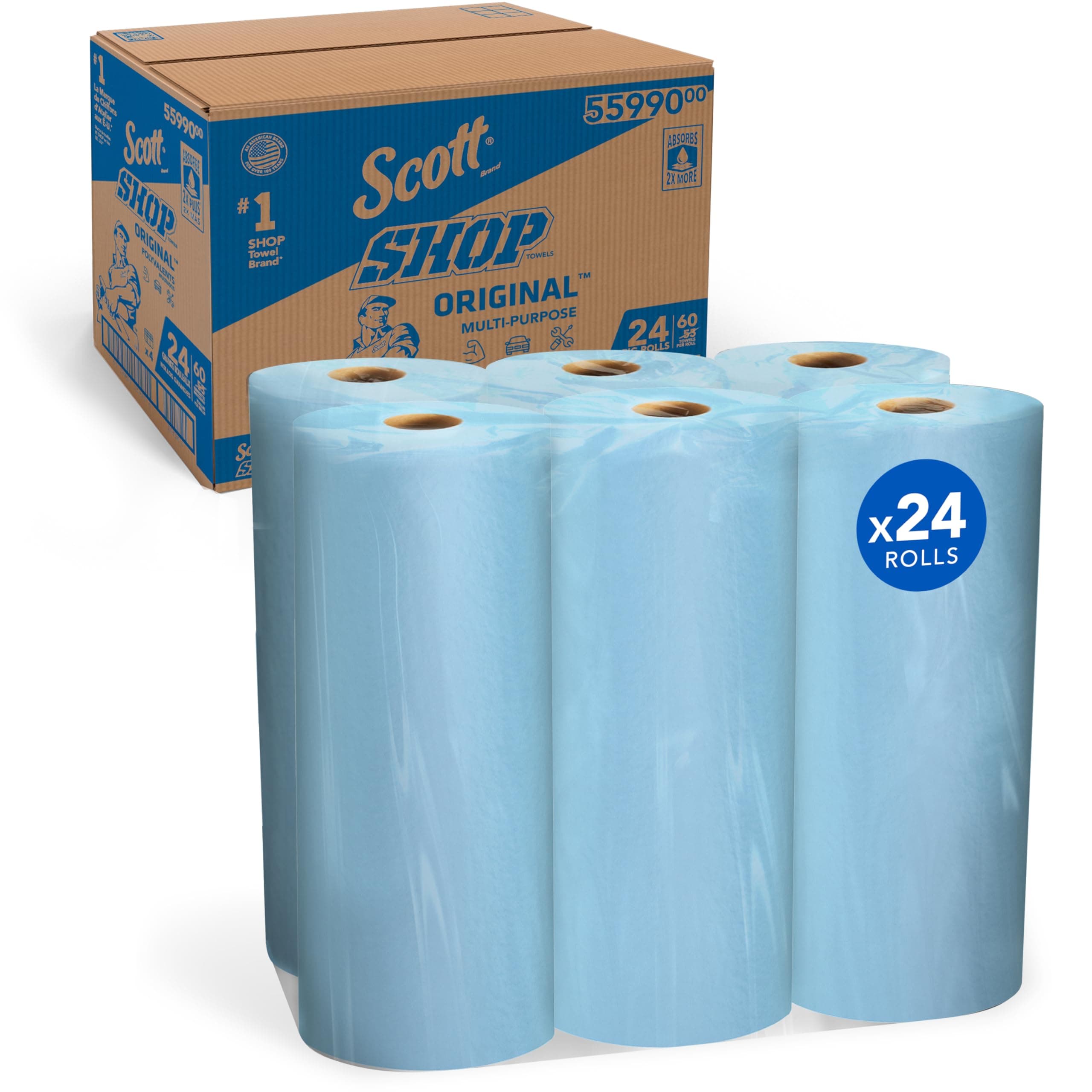 Scott Shop Original Blue Towels (55990), Large 9.4”x11 Cloth-like Paper Towel, 4 packs of 6 (60 Sheets/Roll, 24 Big Rolls/Case, 1,440 Sheet Total)