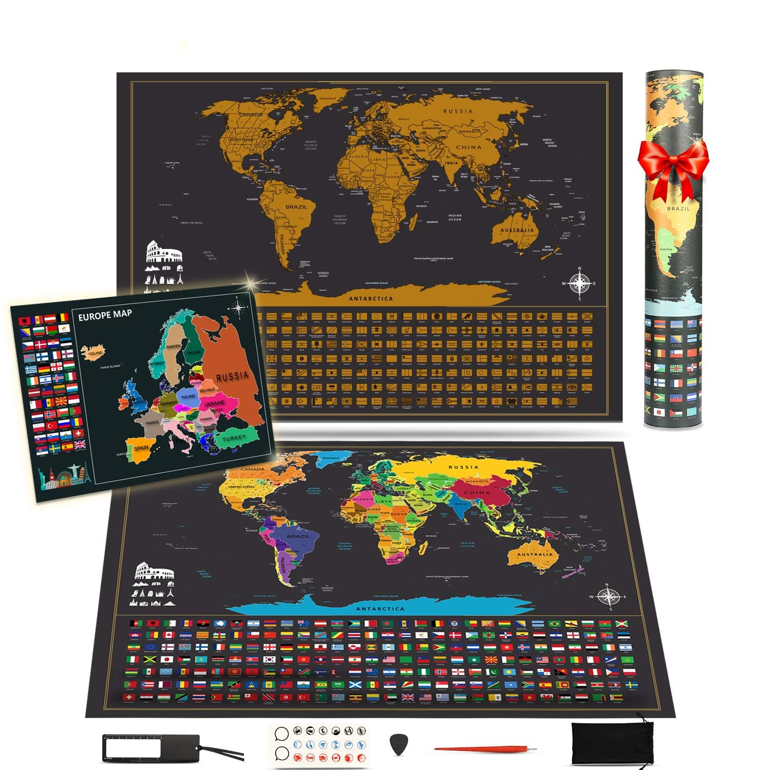 Scratchable World Map with Accessories + Europe Map of World Travel Size Personalized World Map to Record Your Journey around the World by Koooper