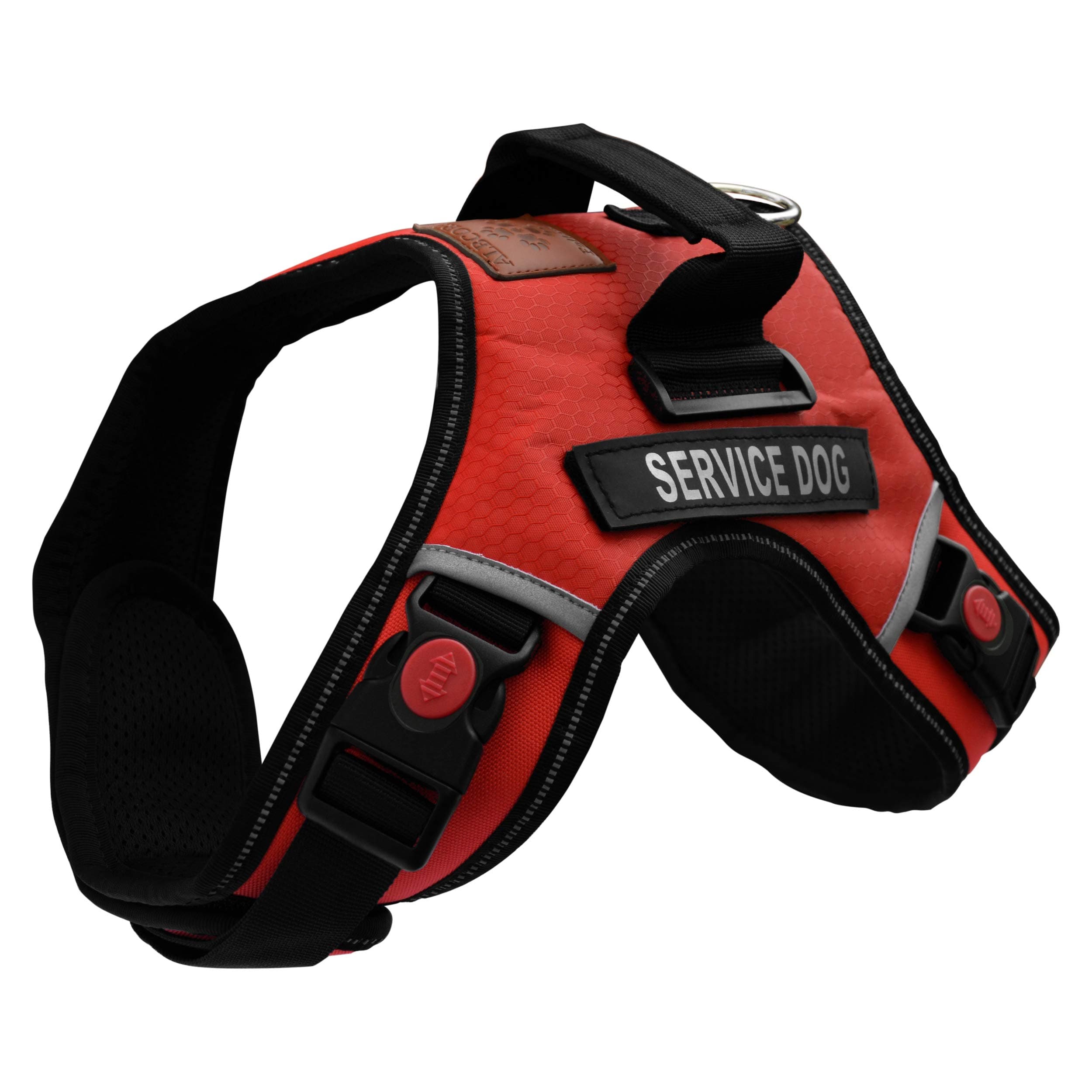 Albcorp Service Dog Vest Harness - Reflective- Woven Nylon, Neoprene Handle, Adjustable Straps, Comfy Mesh Padding, and 2 Hook and Loop Removable Patches, Extra Small, Red