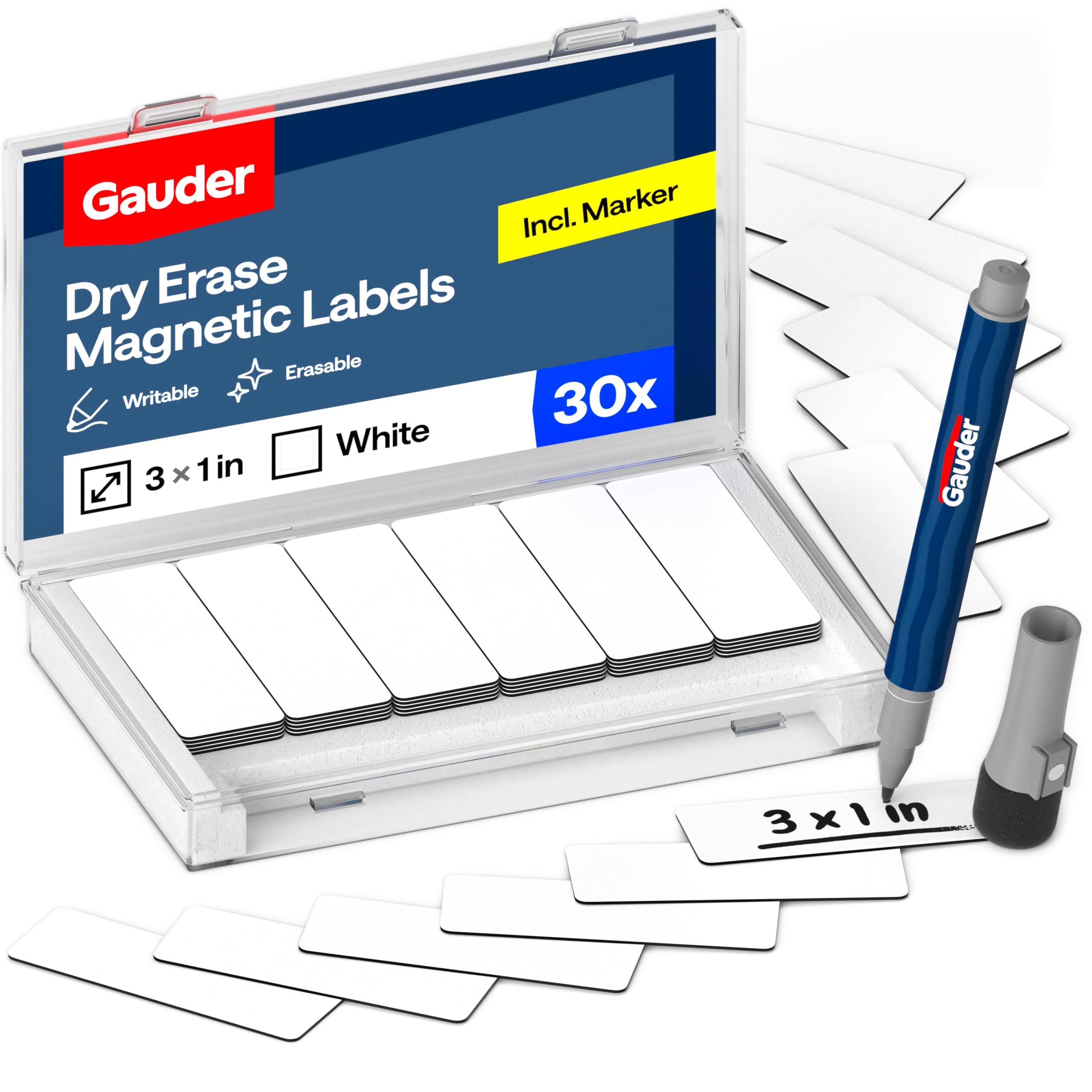 GAUDER Magnetic Dry Erase Labels | 30x Magnetic Labels (3 Inches x 1 Inch) | Dry Erase Magnets for Classroom, Whiteboard and Blackboard