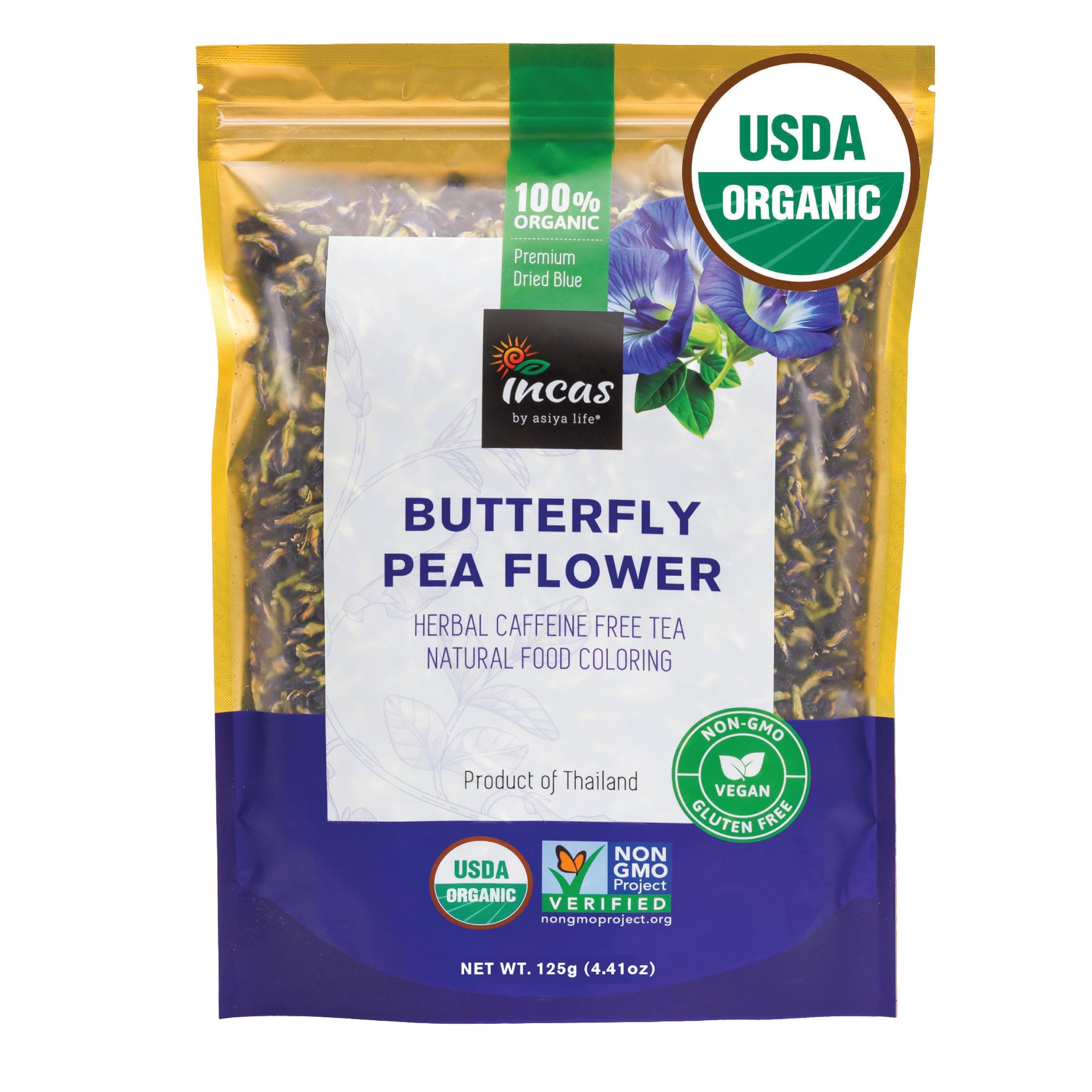 INCAS 100% USDA Organic Butterfly Pea Flower 4.41 oz (375+ Cups) DIRECT FROM SOURCE Thailand Non GMO Verified Dried Caffeine Free Gluten Free Vegan Rich in Antioxidants Free eBook