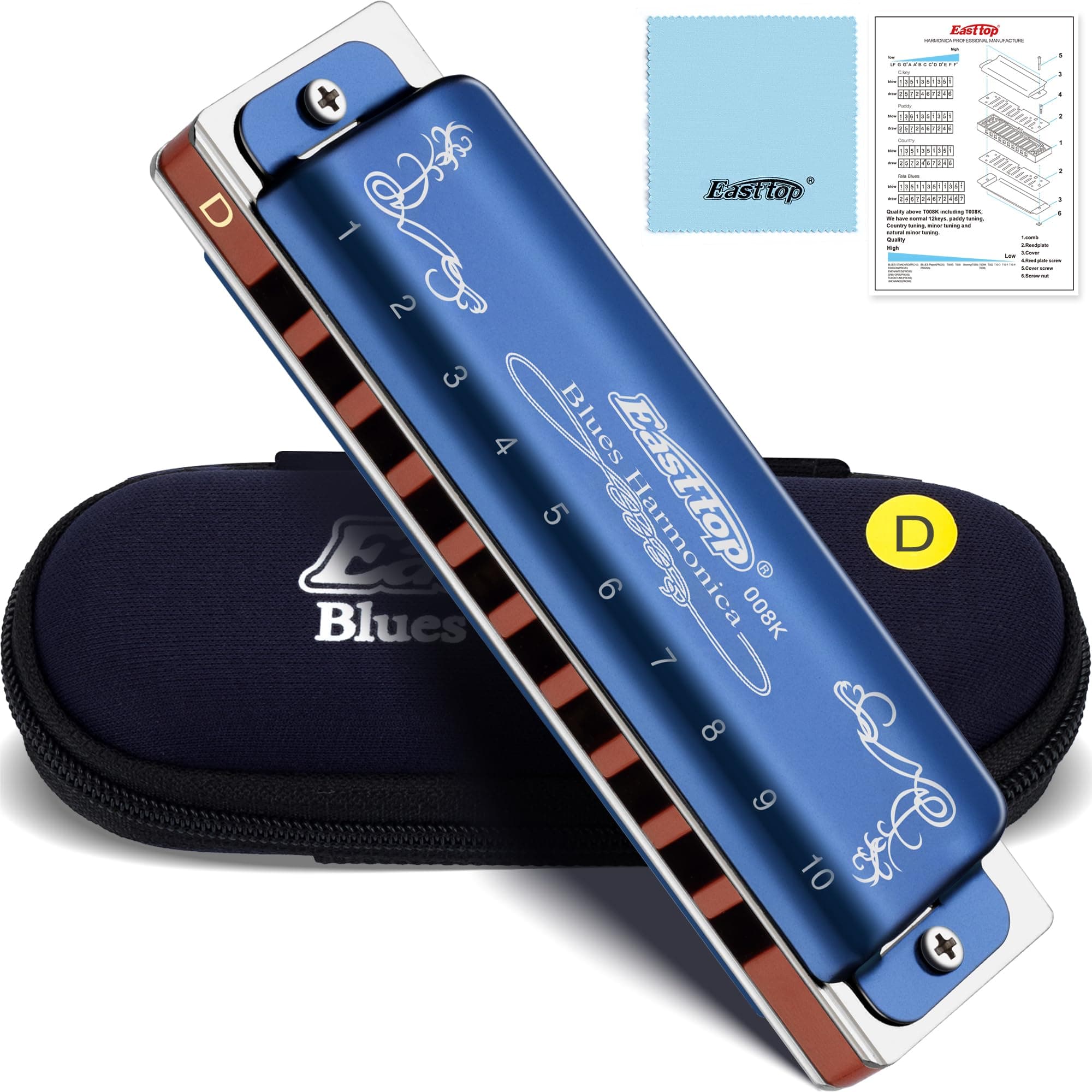 10 Holes 20 Tones 008K Diatonic Harmonica Key of D with Blue Case, Standard Harmonicas For Adults, Professional Player and Students