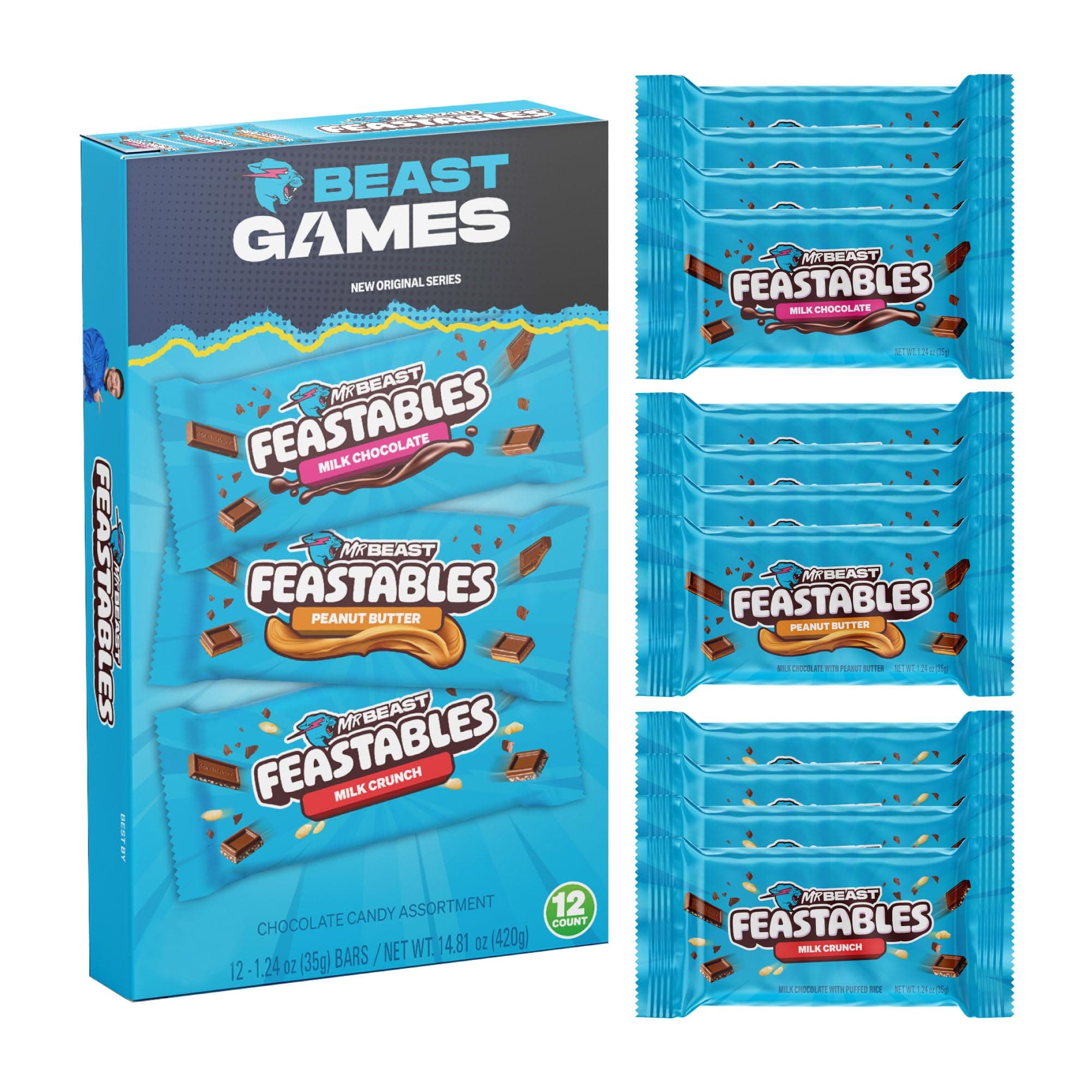 Feastables Beast Games Chocolate Bar Box, Milk Chocolate, Crunch, & Peanut Butter Bars, Full Size Candy Bars For Adults Kids, Snacks Gifts, Fairtrade Cocoa, 1.24 Oz Each, 12 Count