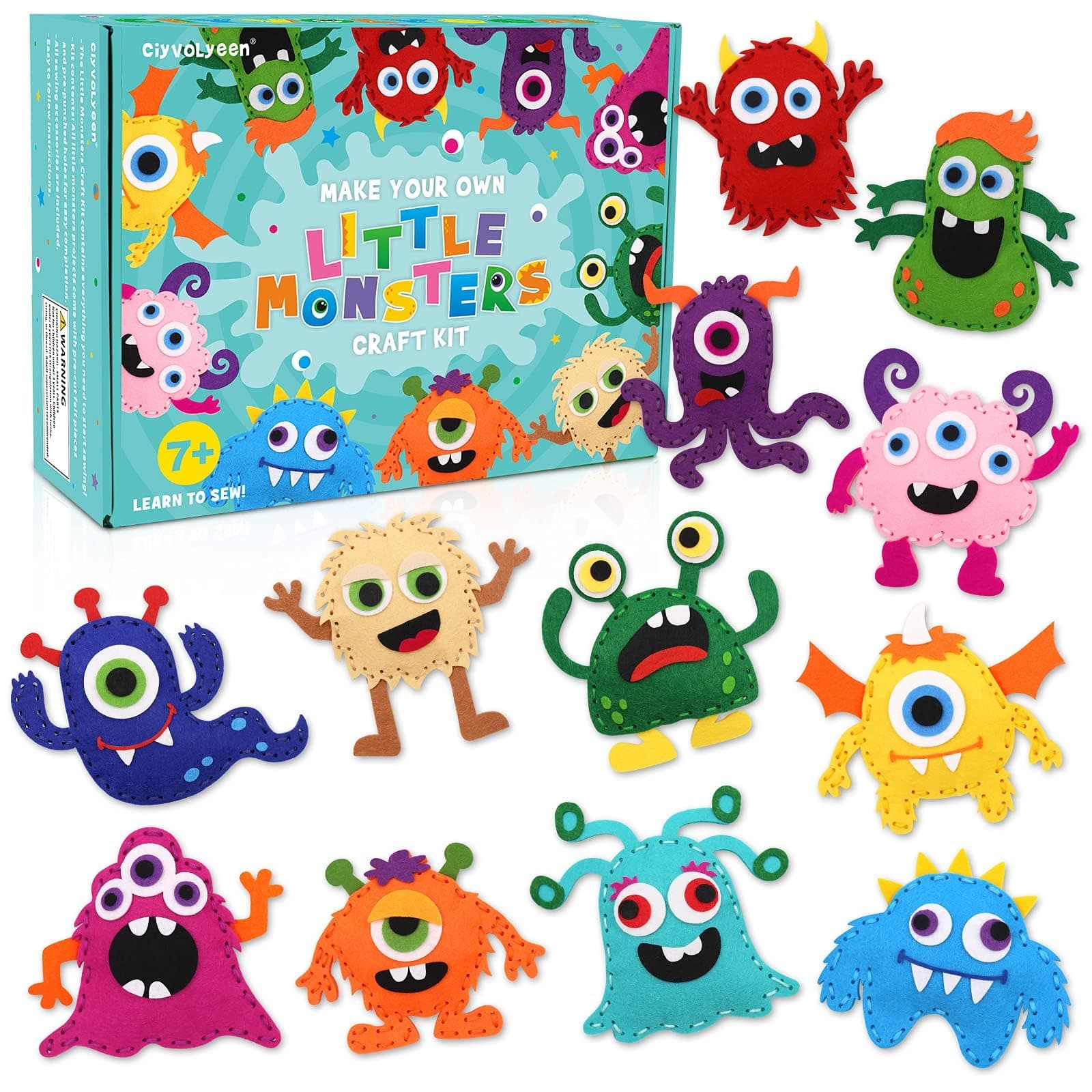 CiyvoLyeen Kids Sewing Kit Crafts– Little Monsters Felt Plush DIY Craft Adopt A Monster Educational Sewing Set for Kids Beginner Craft Kit Set of 12