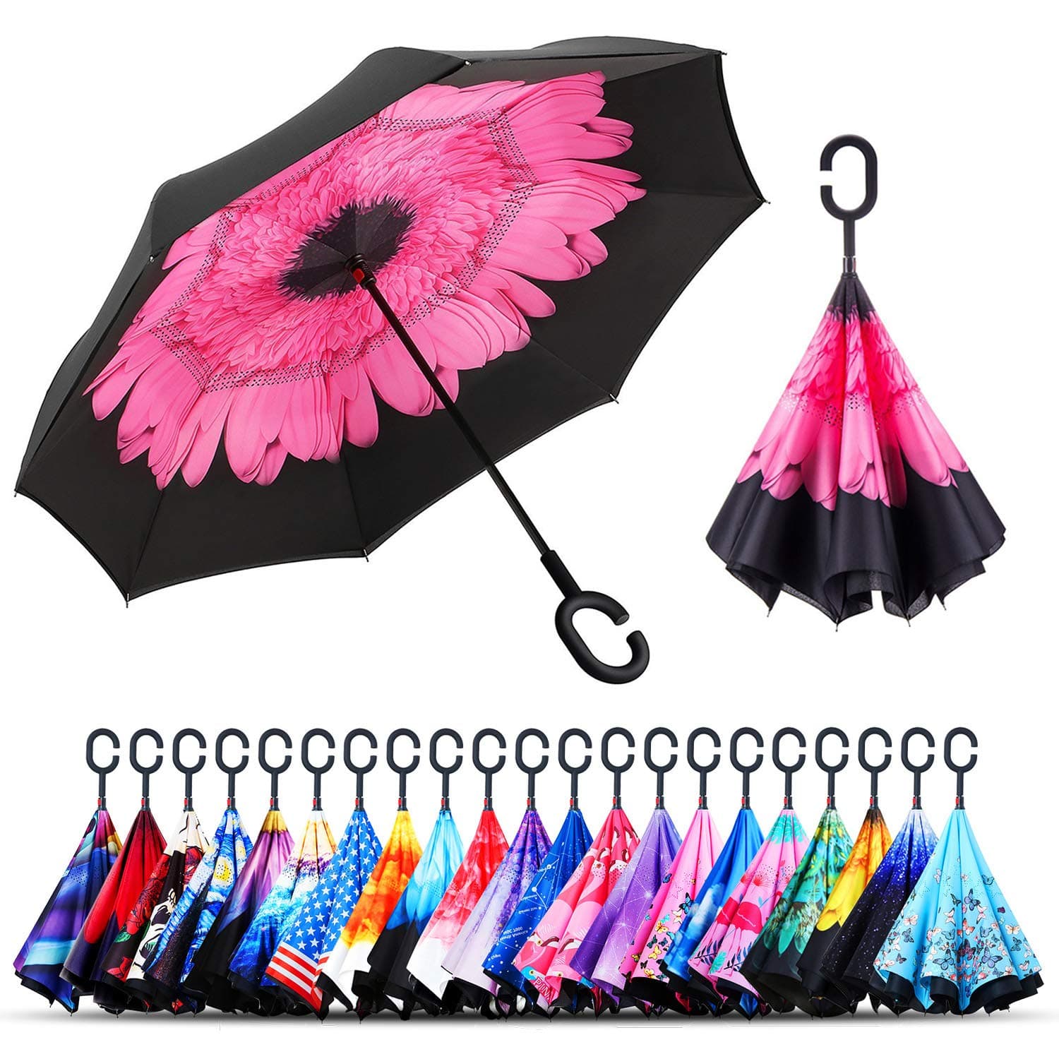 Windproof Double Layer Folding Inverted Umbrella, Self Stand Upside-down Rain Protection Car Reverse Umbrellas with C-shaped Handle