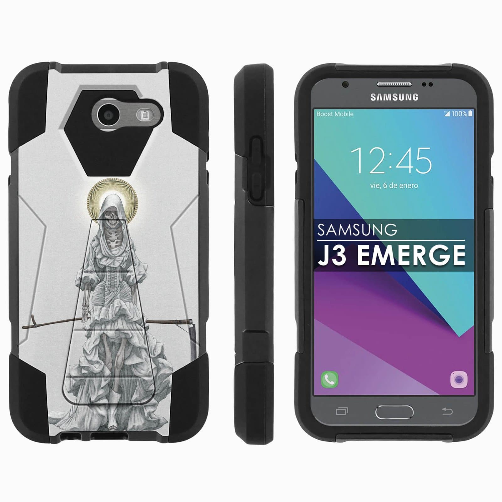 Samsung Galaxy J3 Emerge [2017] Mil-Spec [Mobiflare] [Black/Black] Dual Layer Armor Case [Kickstand] [Screen Protector] - [Santa Muerte] for Galaxy [2017] [J3 Emerge] [5" Screen]