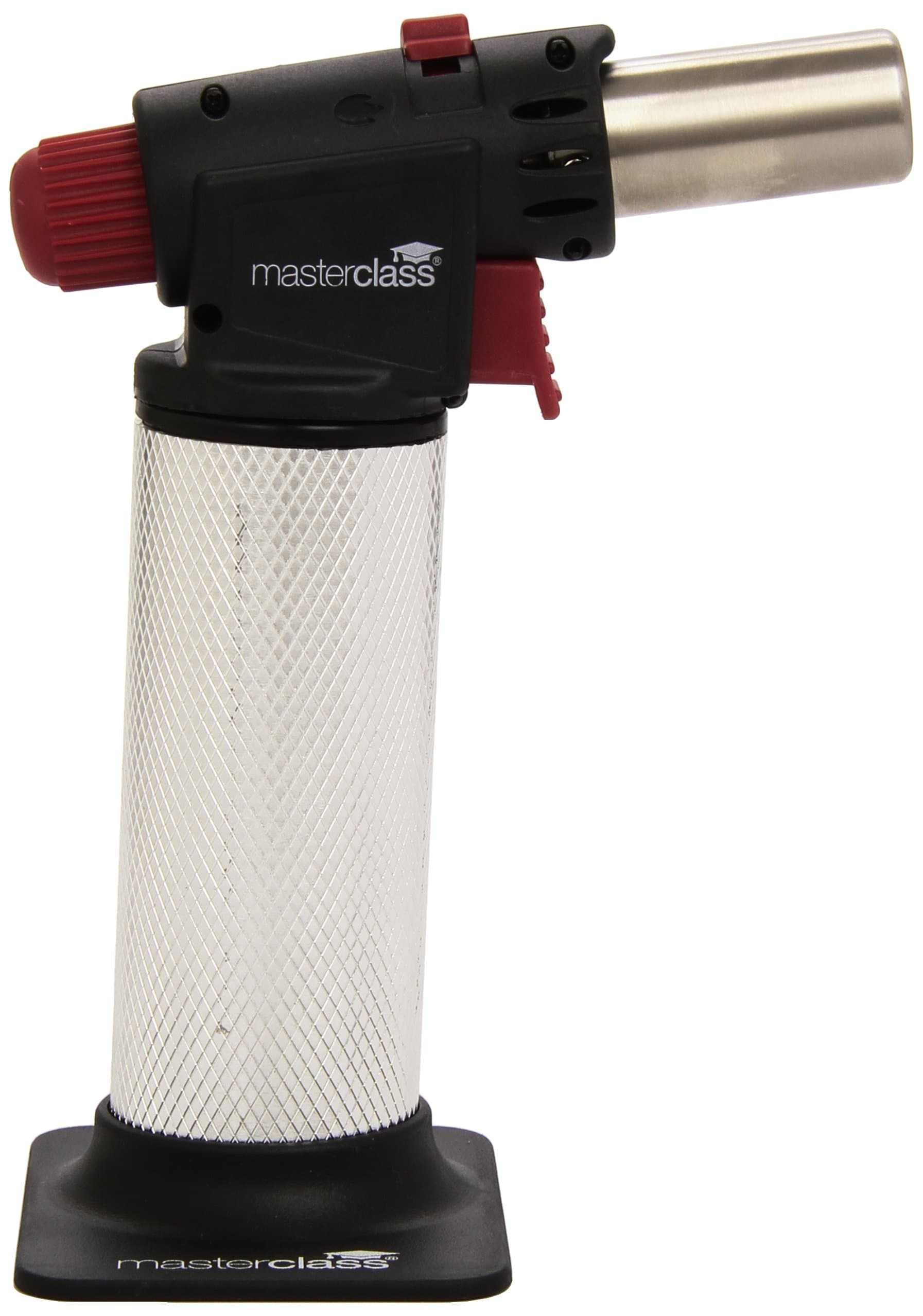 MasterClass Blow Torch, Refillable Kitchen Gas Torch, Adjustable Anti-Flare Flame, Non-Slip Metal Design, Silver/Black/Red